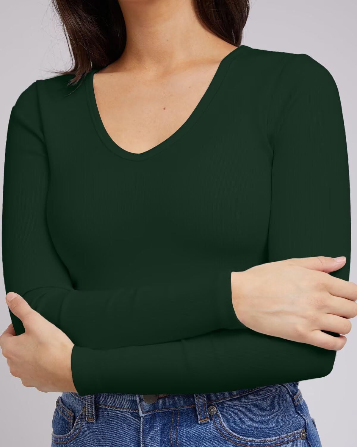 SANDERY Women's Ribbed V-Neck Long-Sleeve Top, Size L