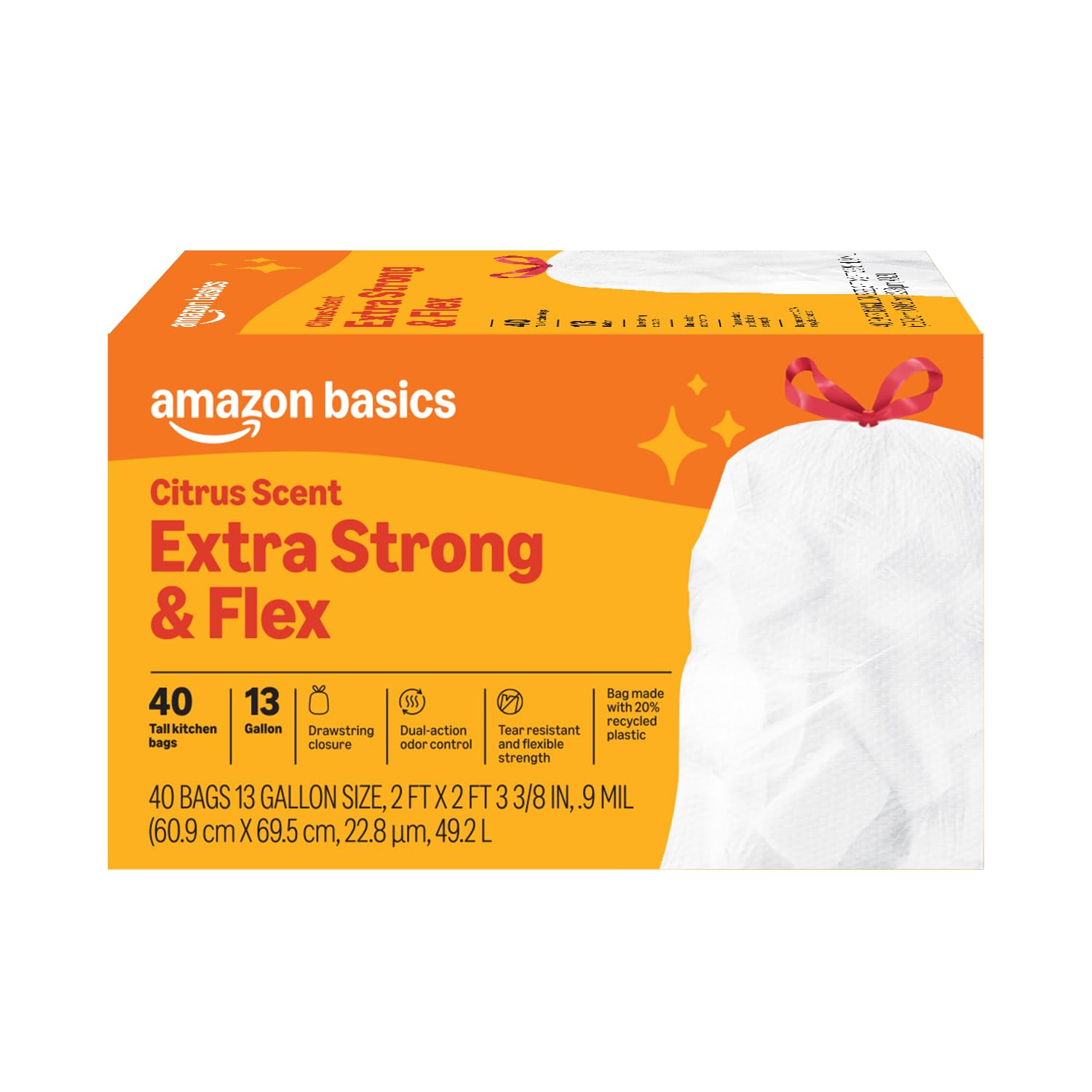 Amazon Basics Tall Kitchen Drawstring Trash Bags 13 Gallon Citrus 40 Count
