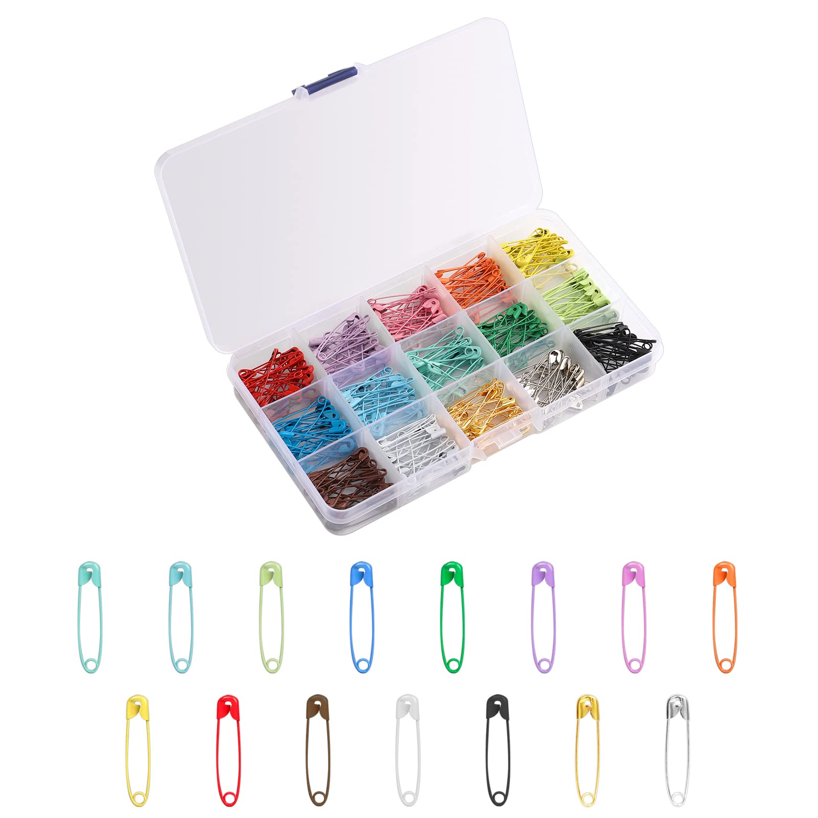 KINBOM 300pcs 32mm Colored Safety Pins 15 Colors Metal for Sewing Craft