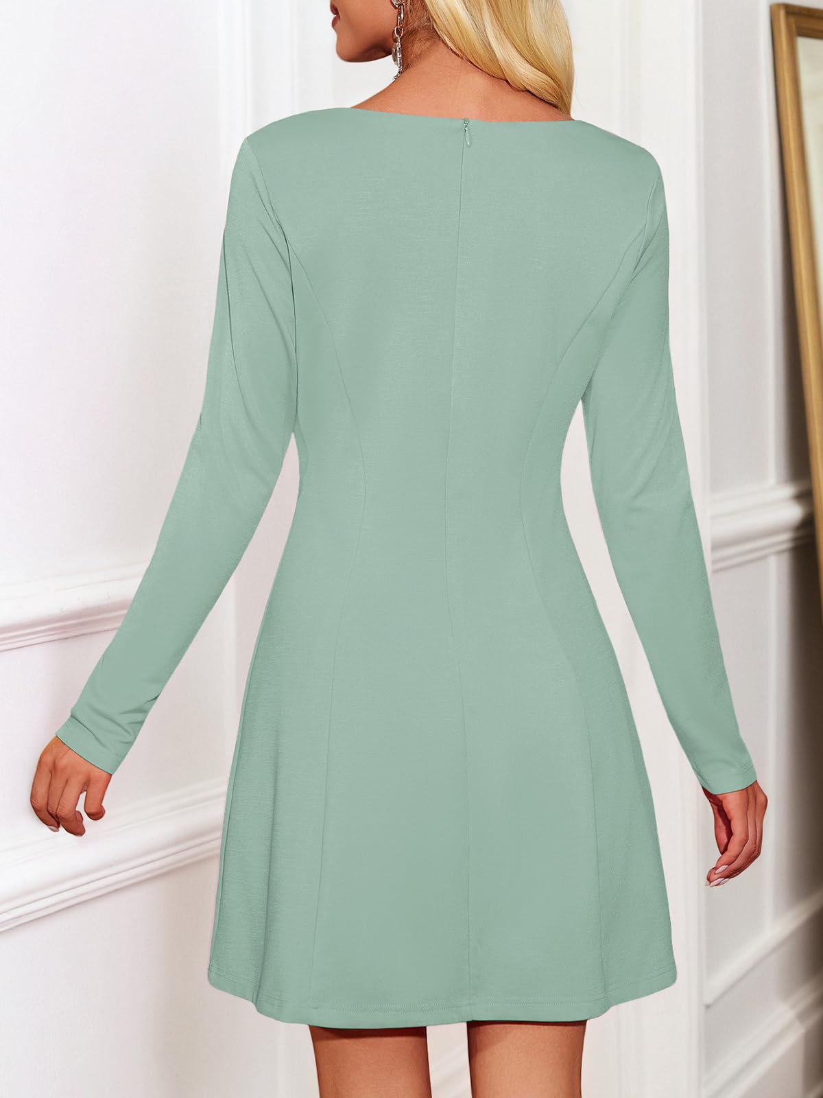 Wenrine Womens Long Sleeve Mini Dress Square Neck A Line Mint Color Size L
