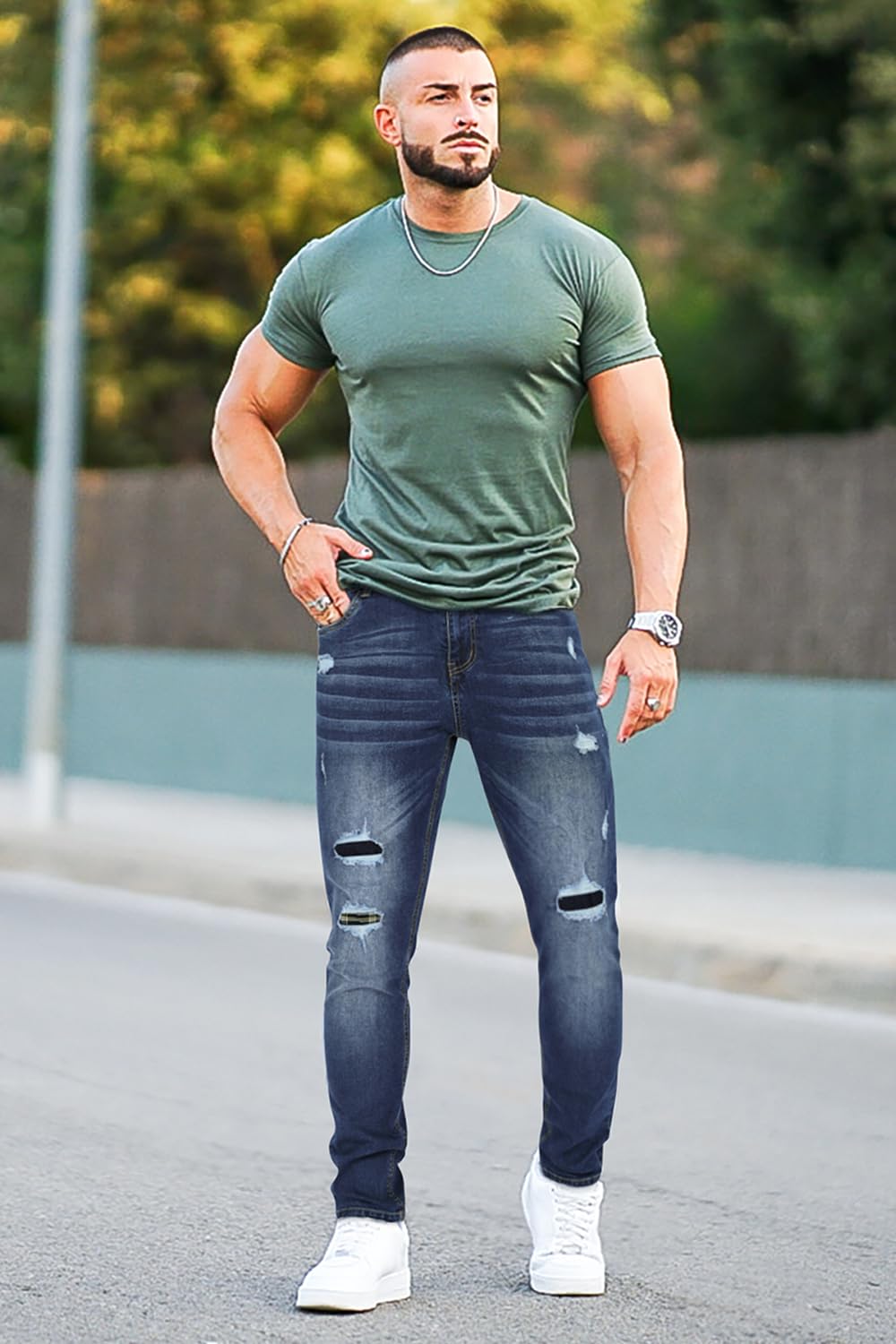 Heyfanee Mens Slim Fit Ripped Skinny Jeans Dark Blue Cotton Size 30x30