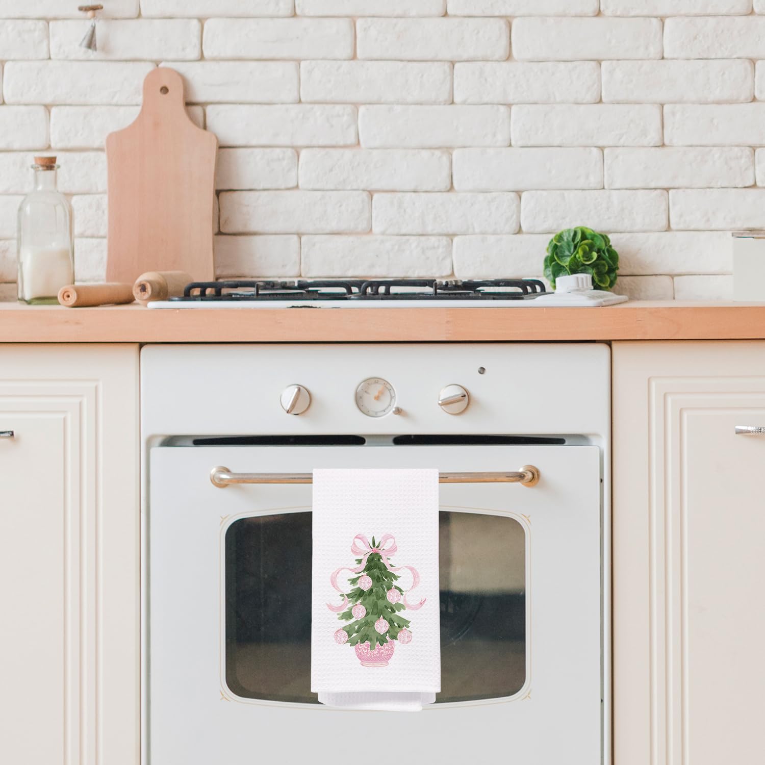 SPBL&L Chinoiserie Christmas Kitchen Towels Pink Bow Tree 16x24 Inch Set of 2