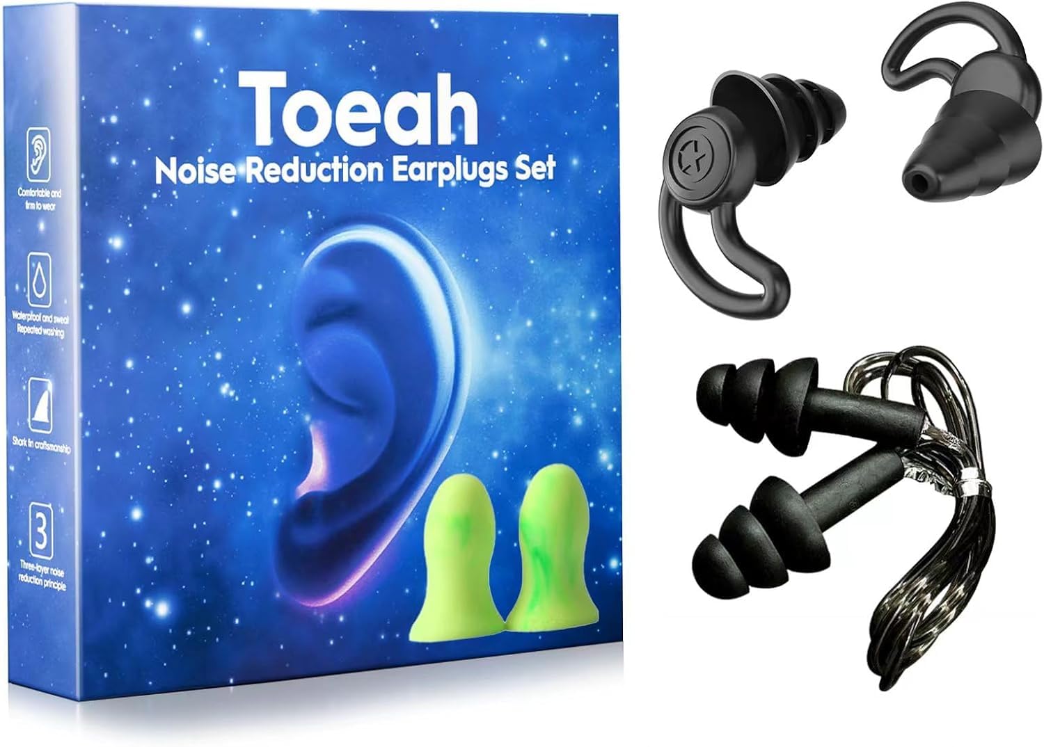 Toeah 3 in 1 Noise Reduction Ear Plugs Washable Hearing Protection