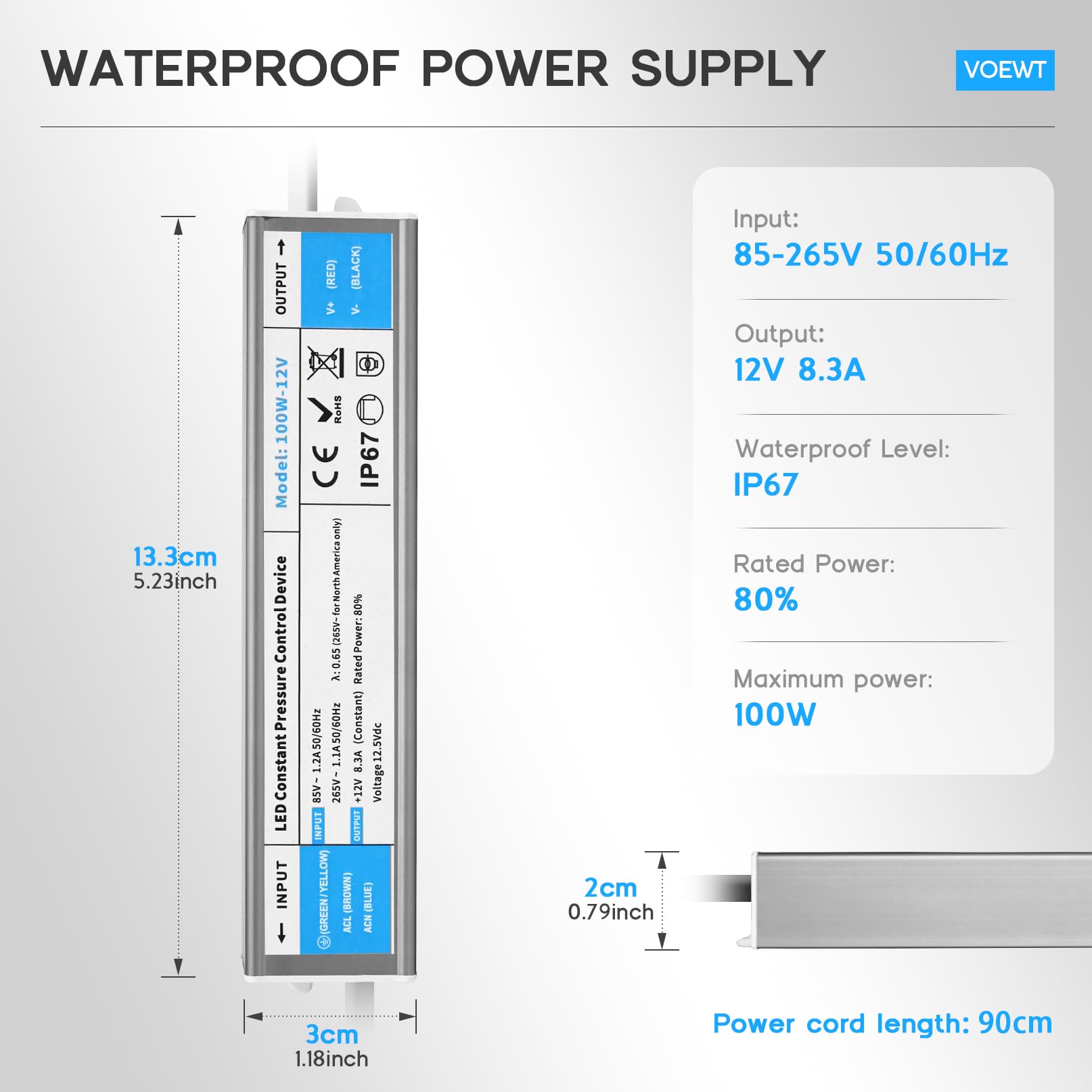 VOEWT LED Driver 100W Waterproof IP67 85-265V AC to 12V DC Power Supply Blue
