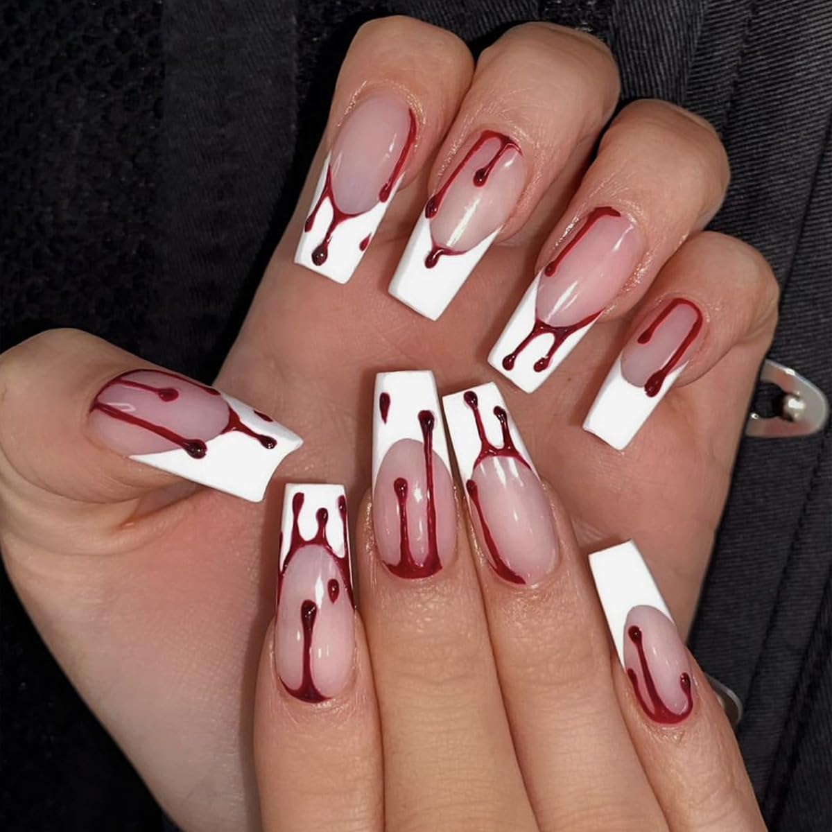Halloween French Tip Press-On Nails, Red Drip, 24-Piece Set