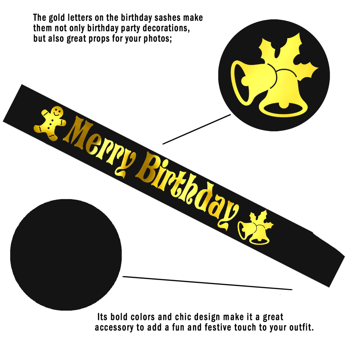 JXYCBZYing Merry Birthday Sash with Gold Foil, Black Holiday Birthday Sash, Christmas Birthday Sash, Holiday Birthday Party Decorations, Ideas, Gifts, Jokes and Favors (Black + Gold)