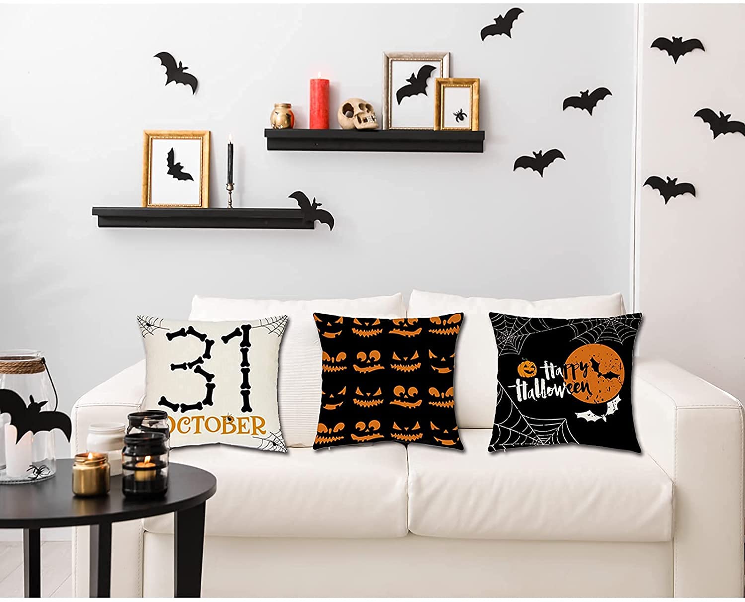 Sadaunbe Halloween Pillow Covers Set of 4 Black Orange 20x20 Inches Linen