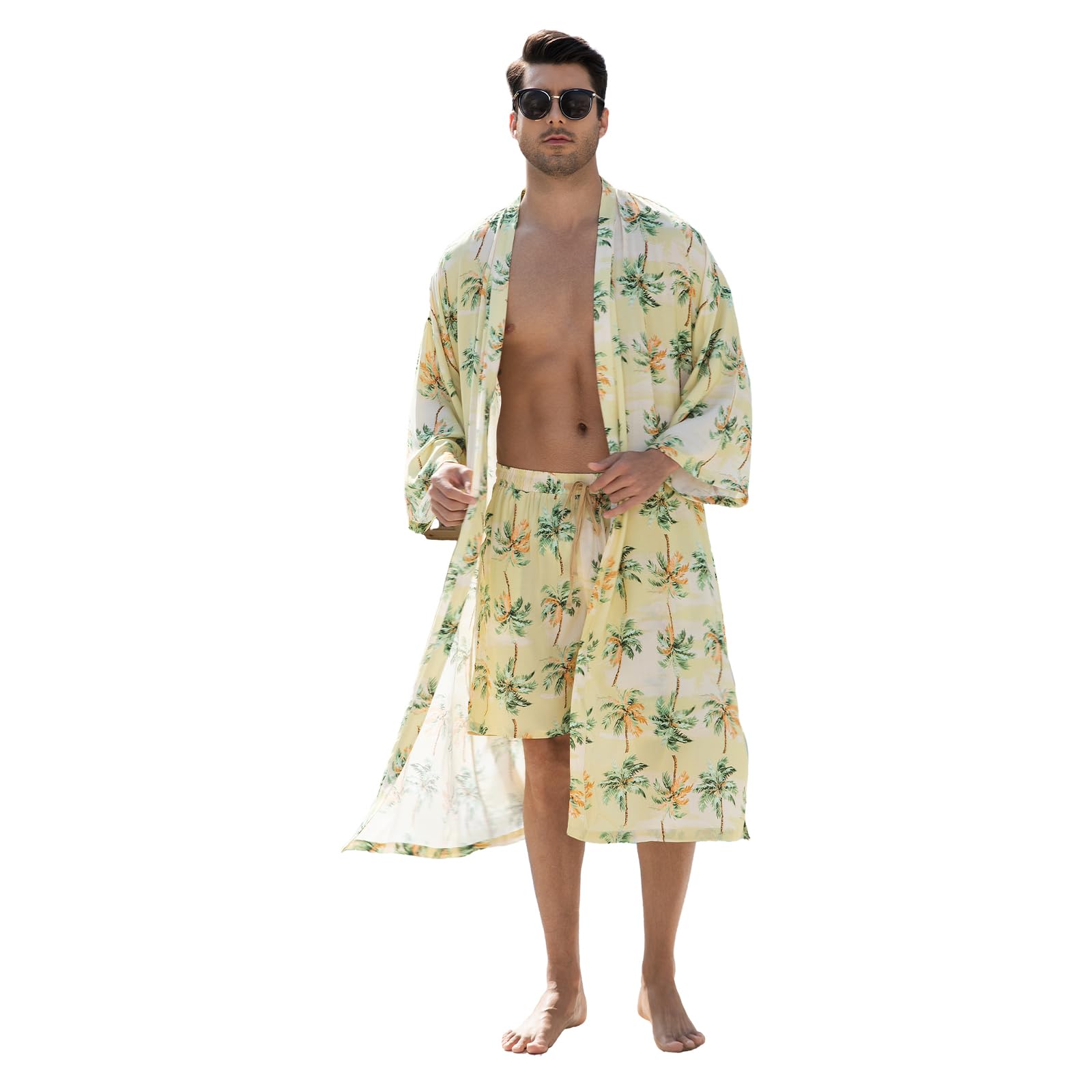 Generic Men's Lightweight Kimono Robe and Shorts Set Green Palm Tree XX-Large