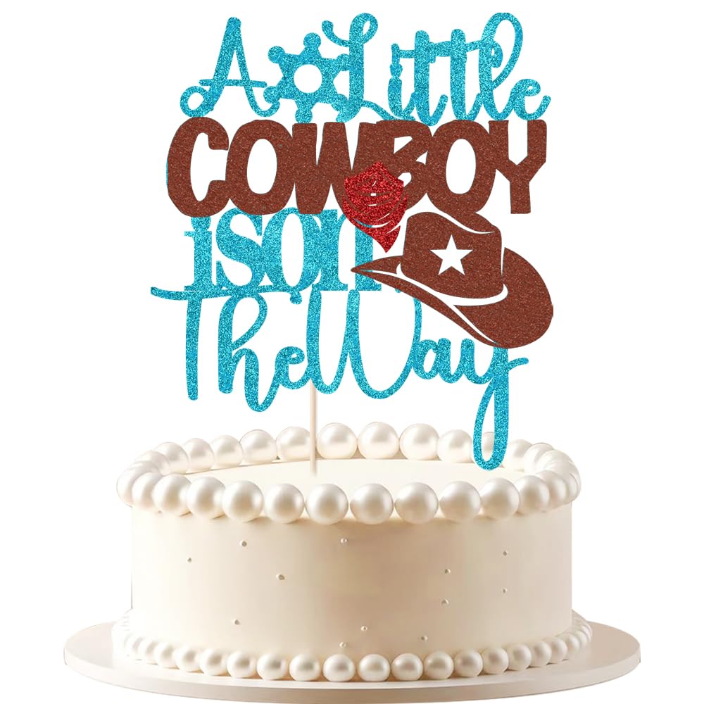 VQOUZVSR A Little Cowboy Is On The Way Cake Topper Blue Glitter Boy
