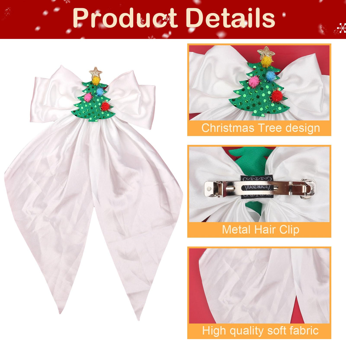 HIFANMM 2pcs Christmas Bow Hair Clips Xmas Tree Santa Claus Hair Accessories for Women Girls, Red White Big Bows Long Tail Hairpins Winter New Year Christmas Party Costume Supplies Decoration