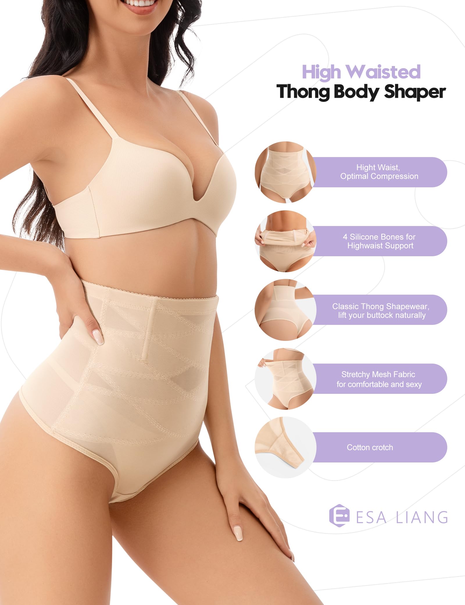 Esa Liang Shapewear Tummy Control High Waisted Thong Nude Size XX-Large