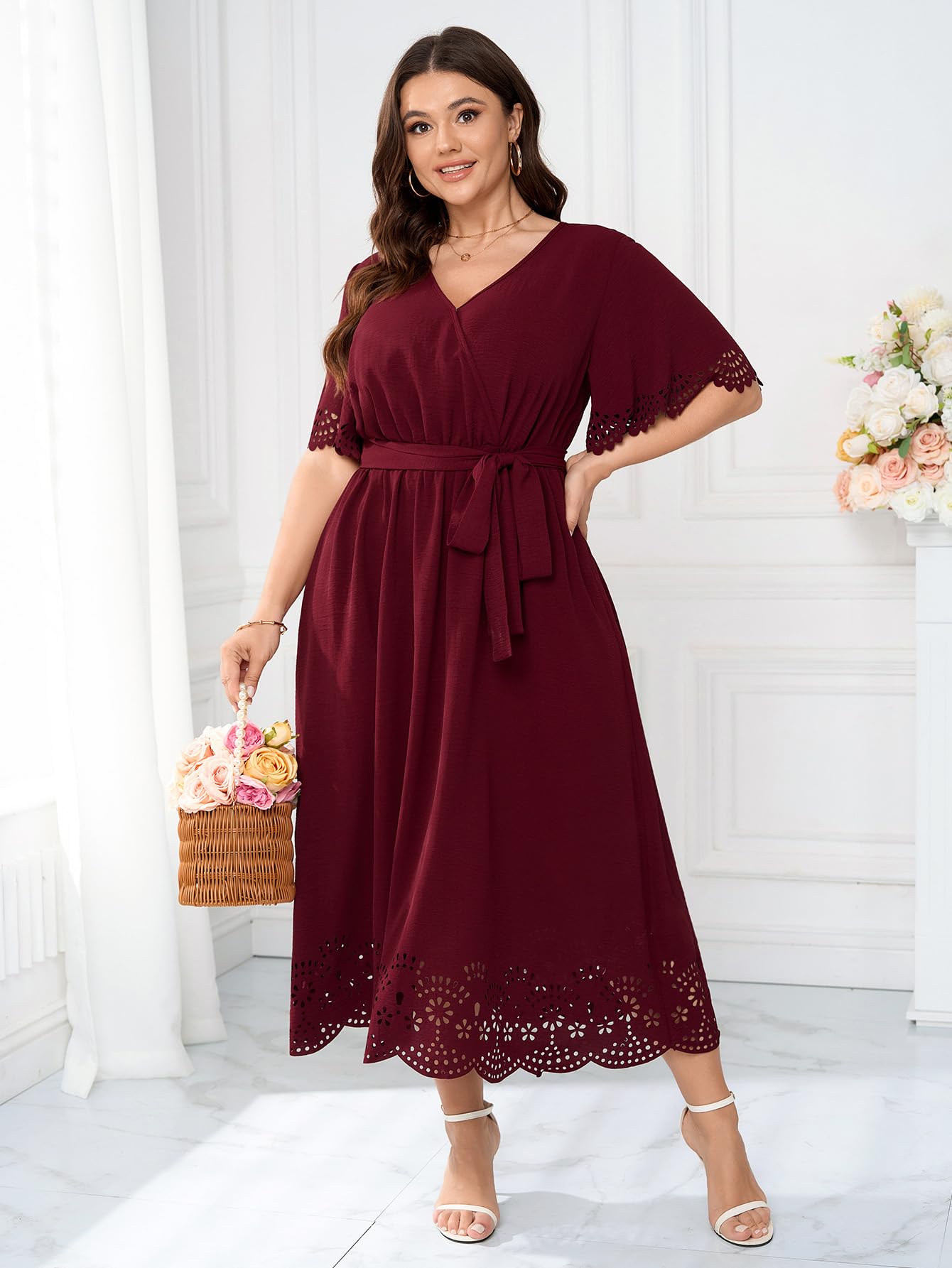 HICISI Womens Plus Size Wrap V Neck A-Line Maxi Dress with Belt Red XX-Large