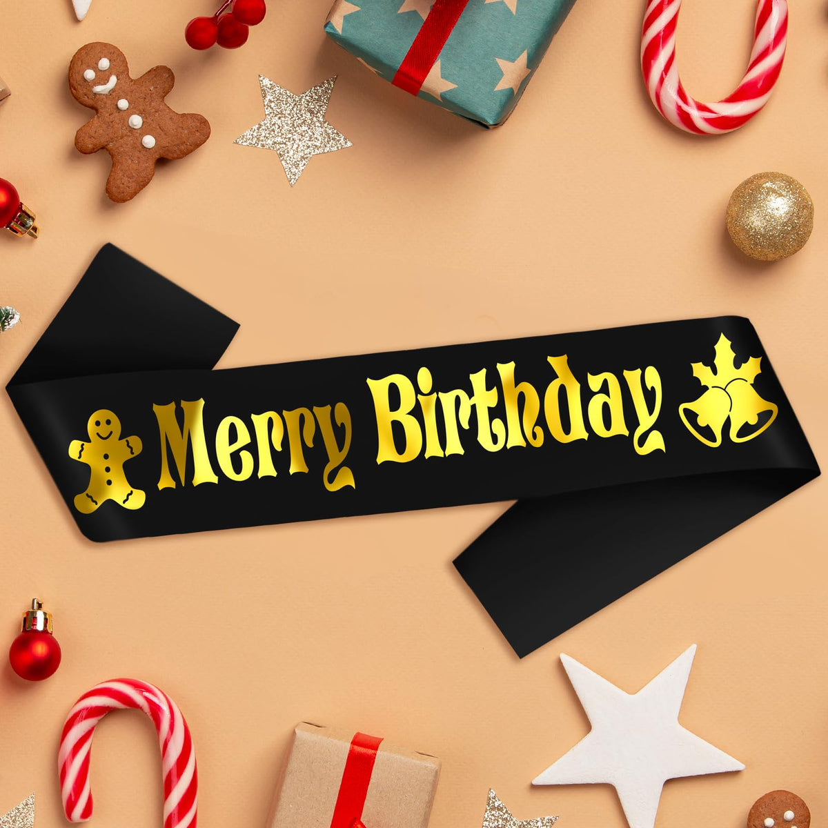 JXYCBZYing Merry Birthday Sash with Gold Foil, Black Holiday Birthday Sash, Christmas Birthday Sash, Holiday Birthday Party Decorations, Ideas, Gifts, Jokes and Favors (Black + Gold)