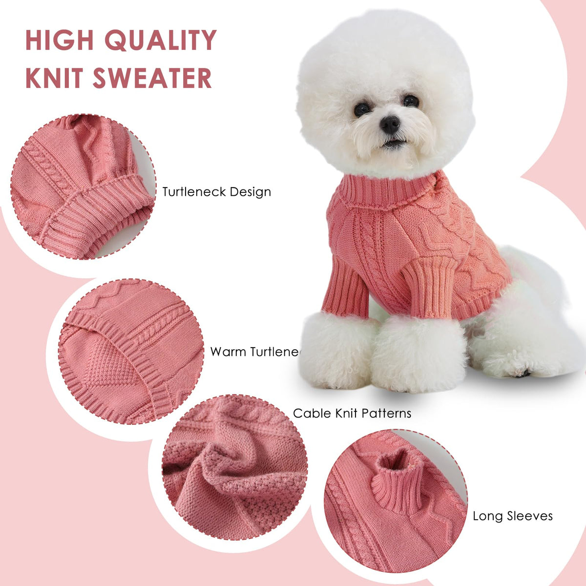 Dog Pullover Sweater, Cold Weather Cable Knitwear, Classic Turtleneck Thick Warm Clothes for Chihuahua, Bulldog, Dachshund, Pug, Yorkie (Pink, Small)