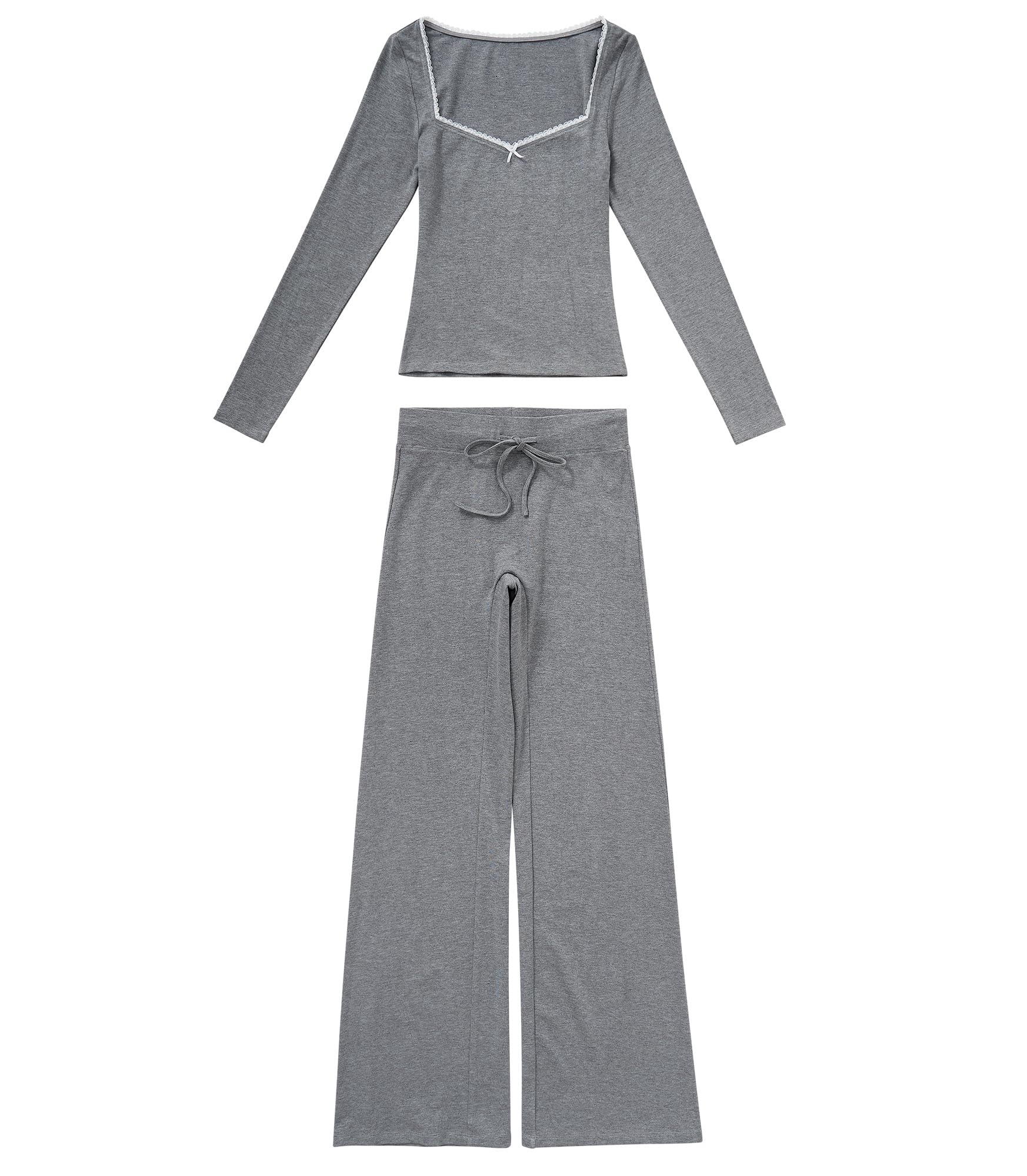 OMKAGI Womens Lounge Set Lace Square Neck Long Sleeve Grey 2PC Size M