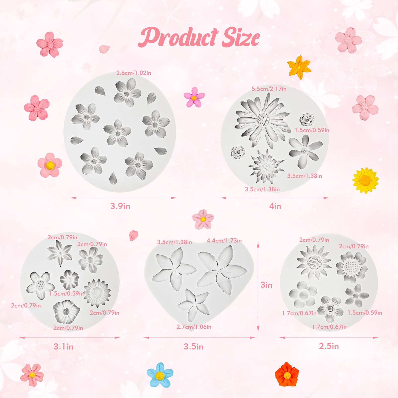 CNTVO 5Pcs Daisy Silicone Flower Molds Gray for Resin Baking DIY Multi-Color