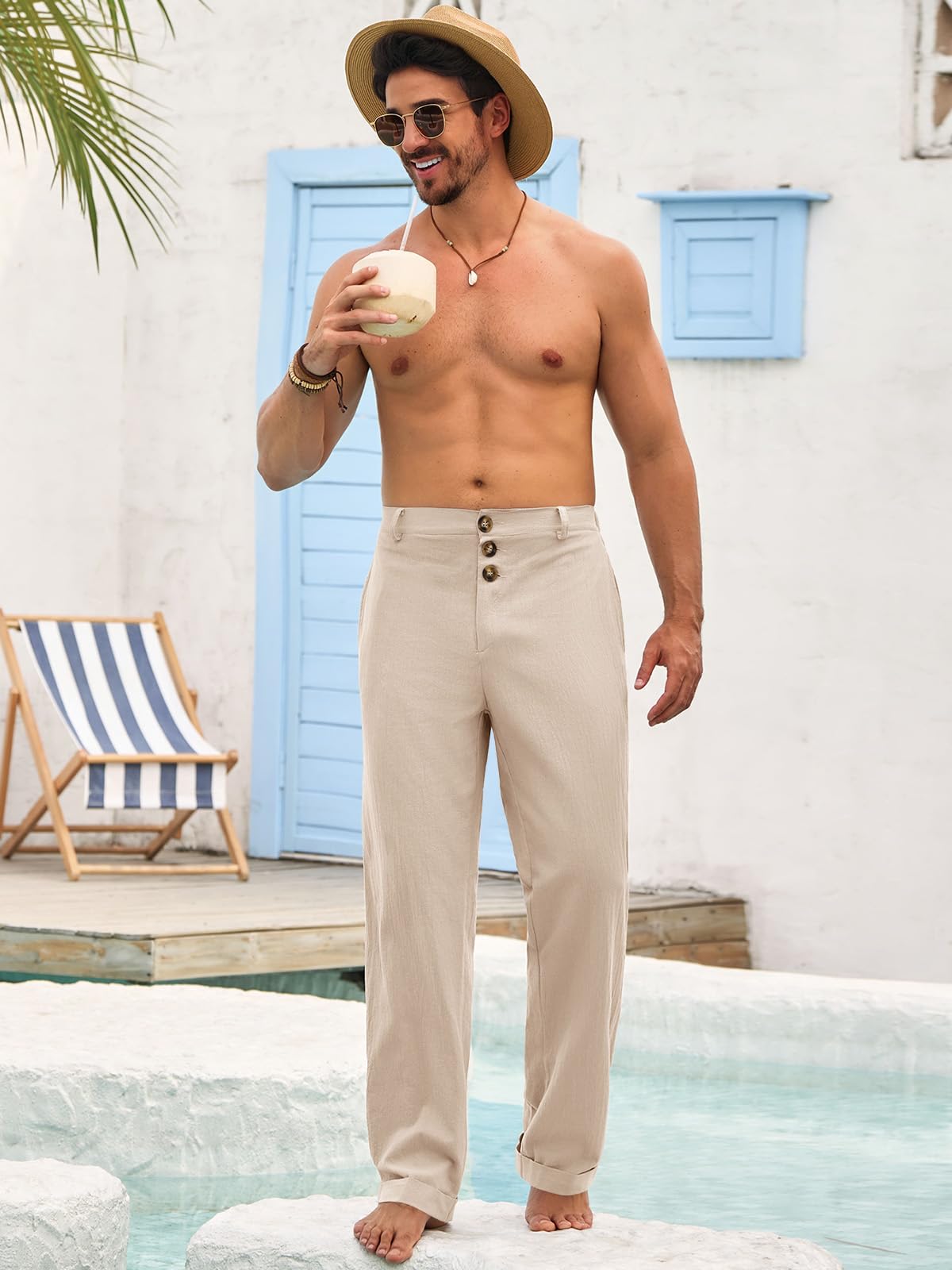 Runcati Mens Cotton Linen Casual Elastic Waist Pants Beige Size XX-Large