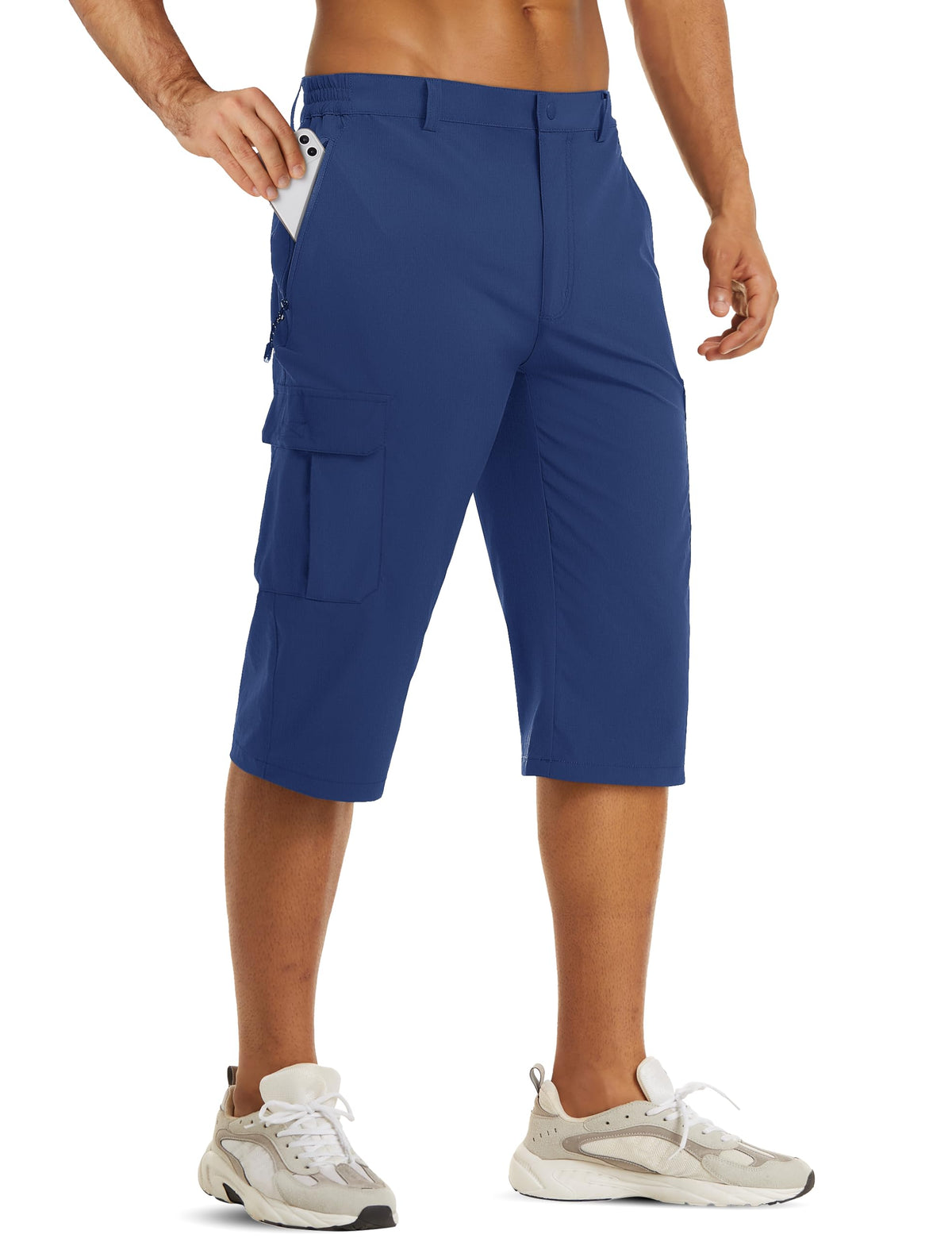 TACVASEN Capri Long Shorts for Men Stretch Elastic Waist Quick Dry Lightweight Cargo Hiking Gym Running Summer Outdoor Blue