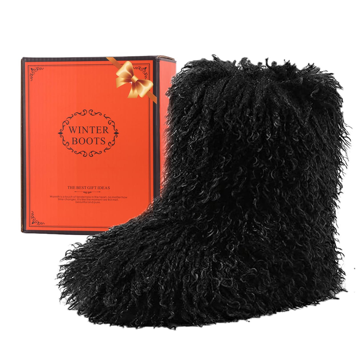 YXCFEWD Faux Mongolian Fur Boots for Women Winter Fluffy Fur Furry Boots for Girls Flat Heel Snow Boot(Short Mongolian Black, 9)