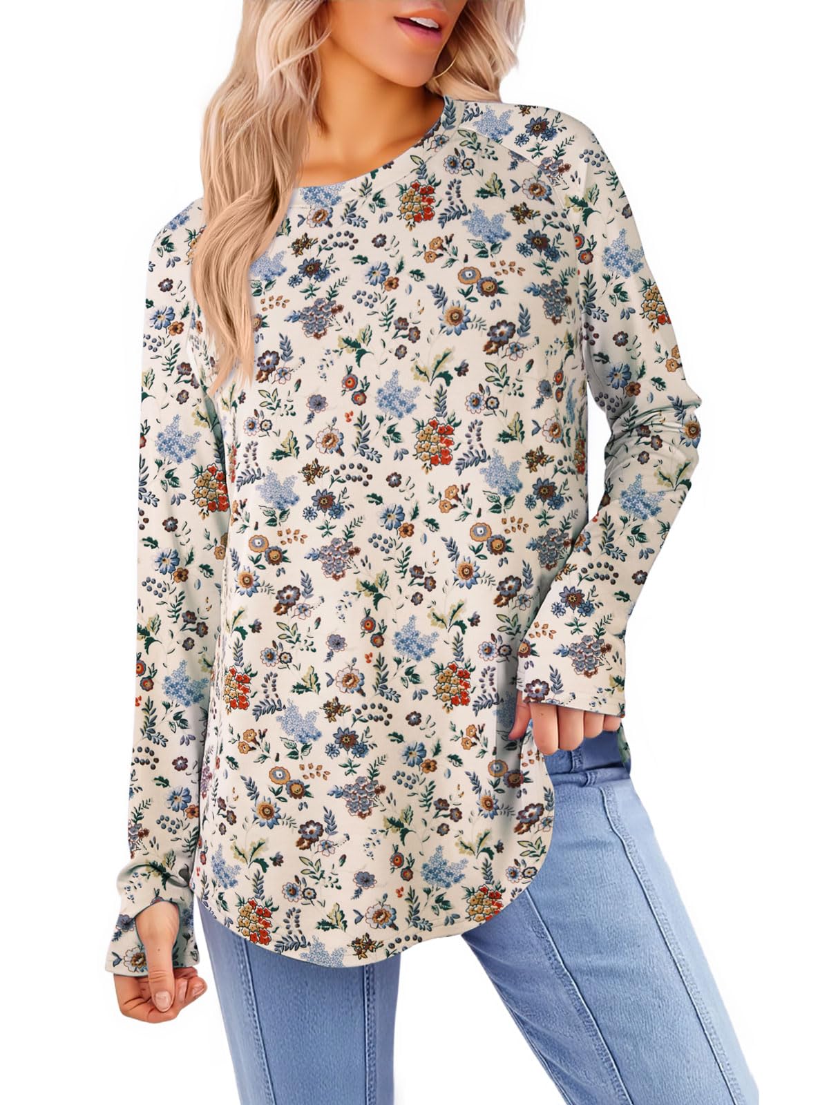 Yousify Womens Long Sleeve Shirts Casual Crew Neck Tunic Top Loose Fit Curved Hem Printed Fall Shirts with Thumb Holes