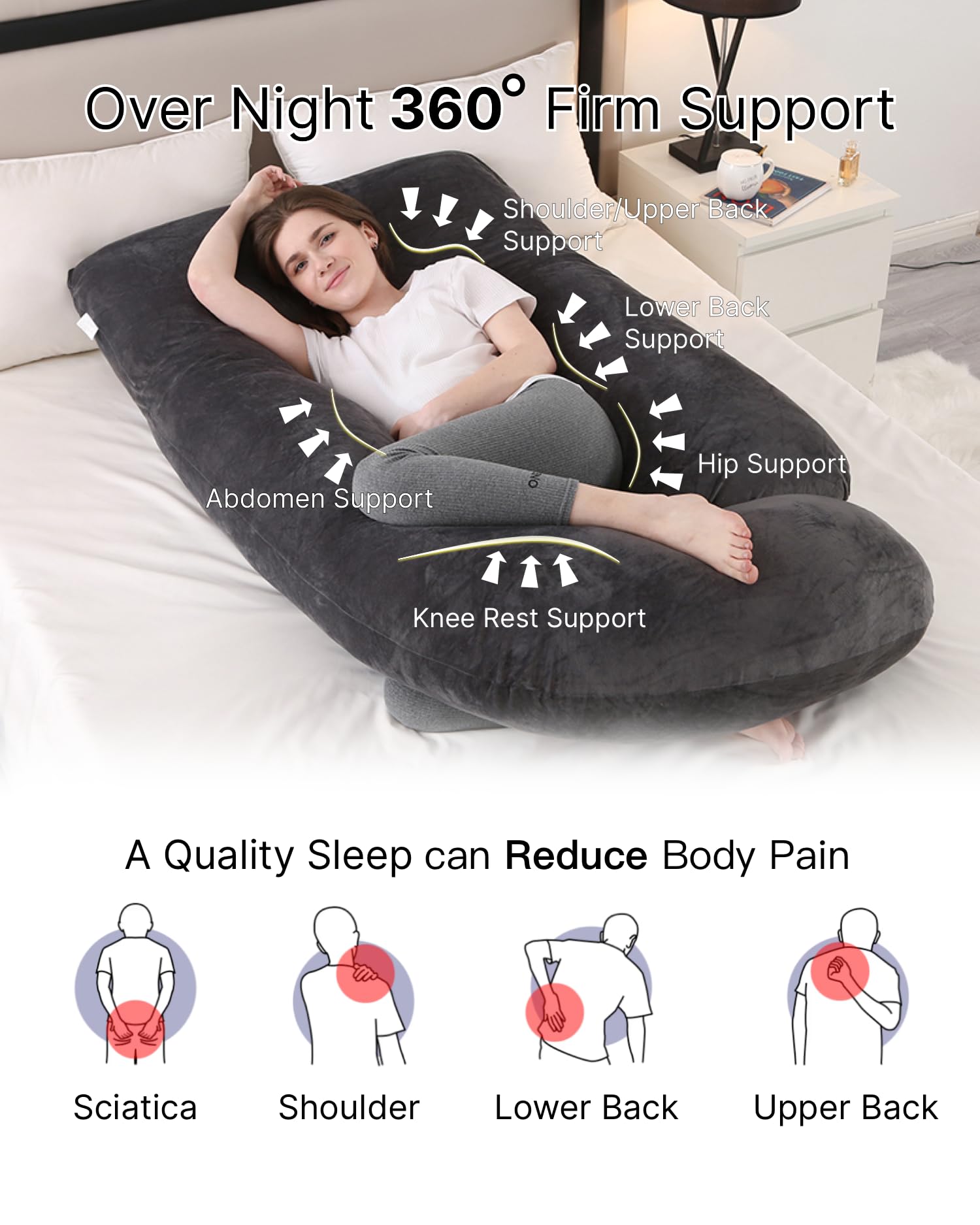 ALLOPERA Pregnancy Pillow Full Body 57in Maternity Sleep Support Black Grey XL