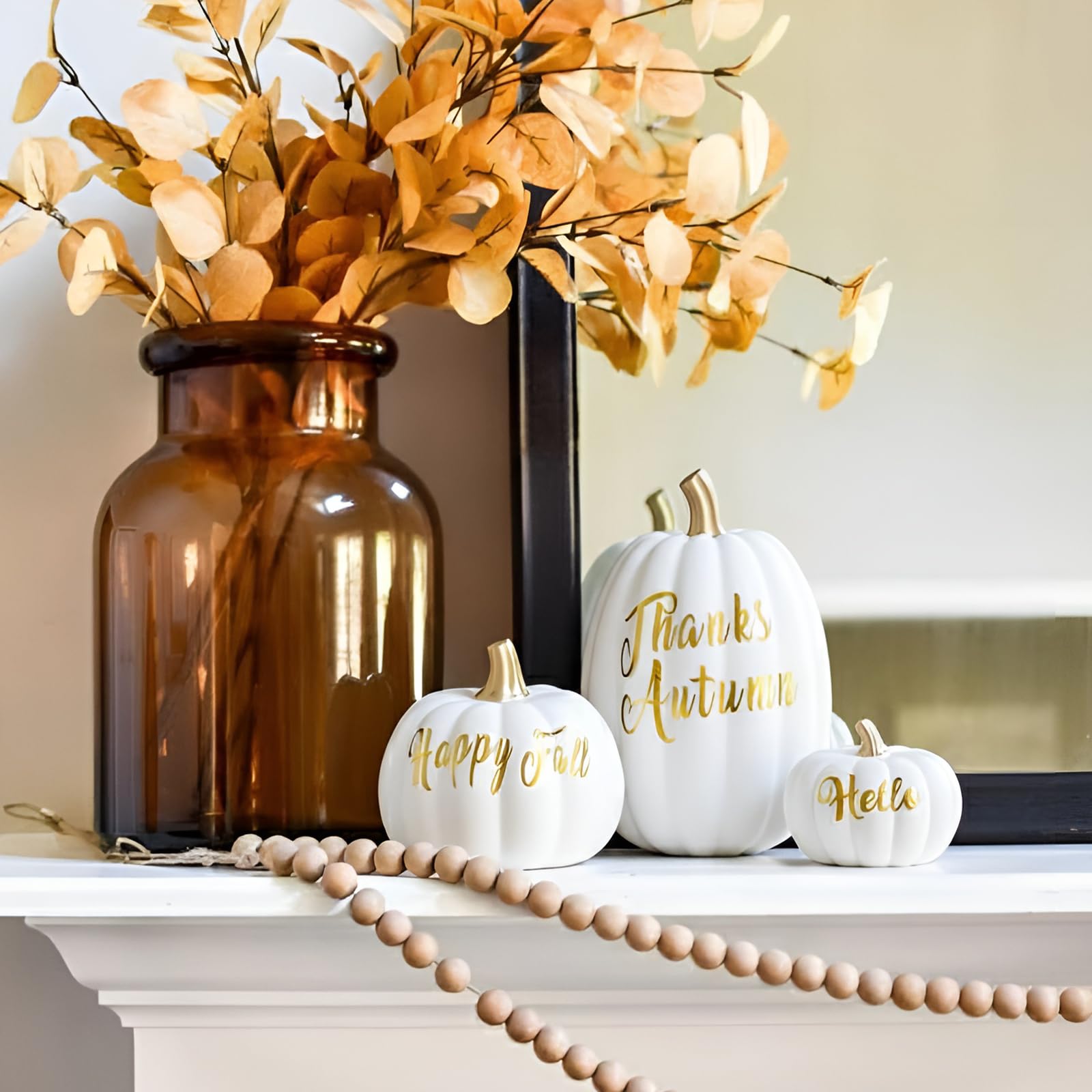 DN DECONATION 3 Pc Fall Pumpkin Decorations White Brown Black Resin Figurines