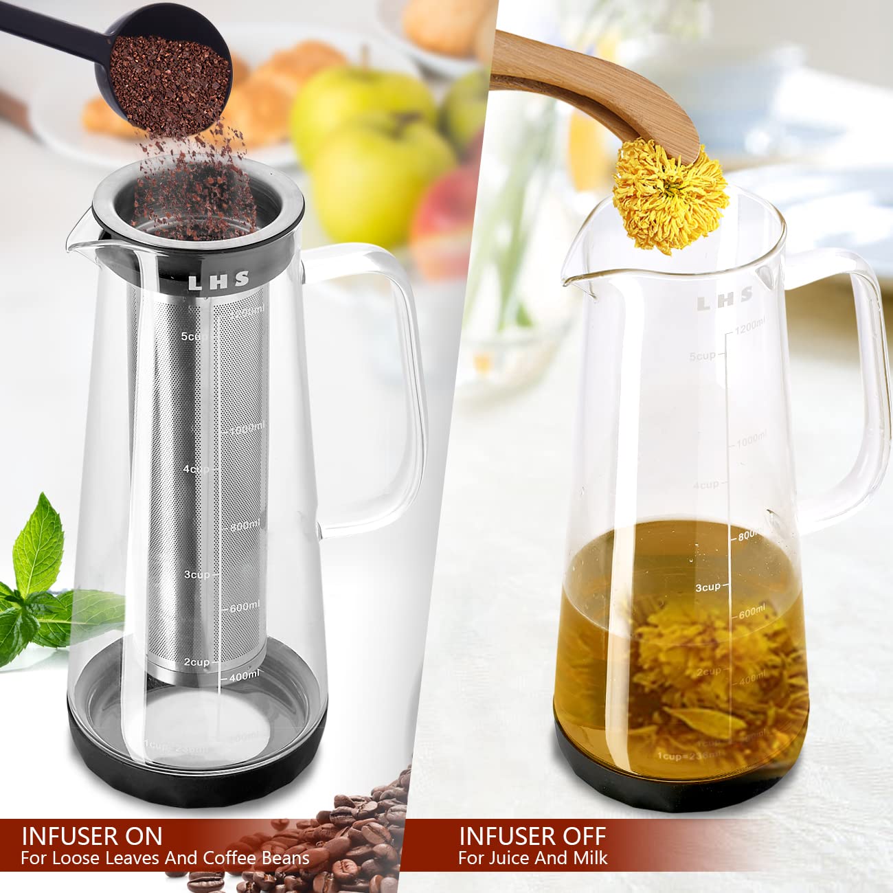 LHS Cold Brew Coffee Maker Glass Pitcher 1.2L 40oz Stainless Steel Filter
