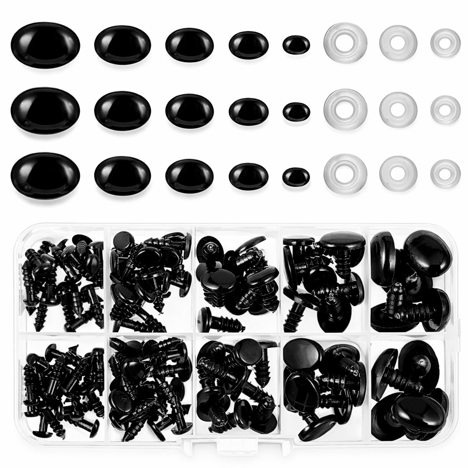Qulkws 125 Pack Safety Eyes and Noses 5 Sizes 6-17mm Black Oval Resin
