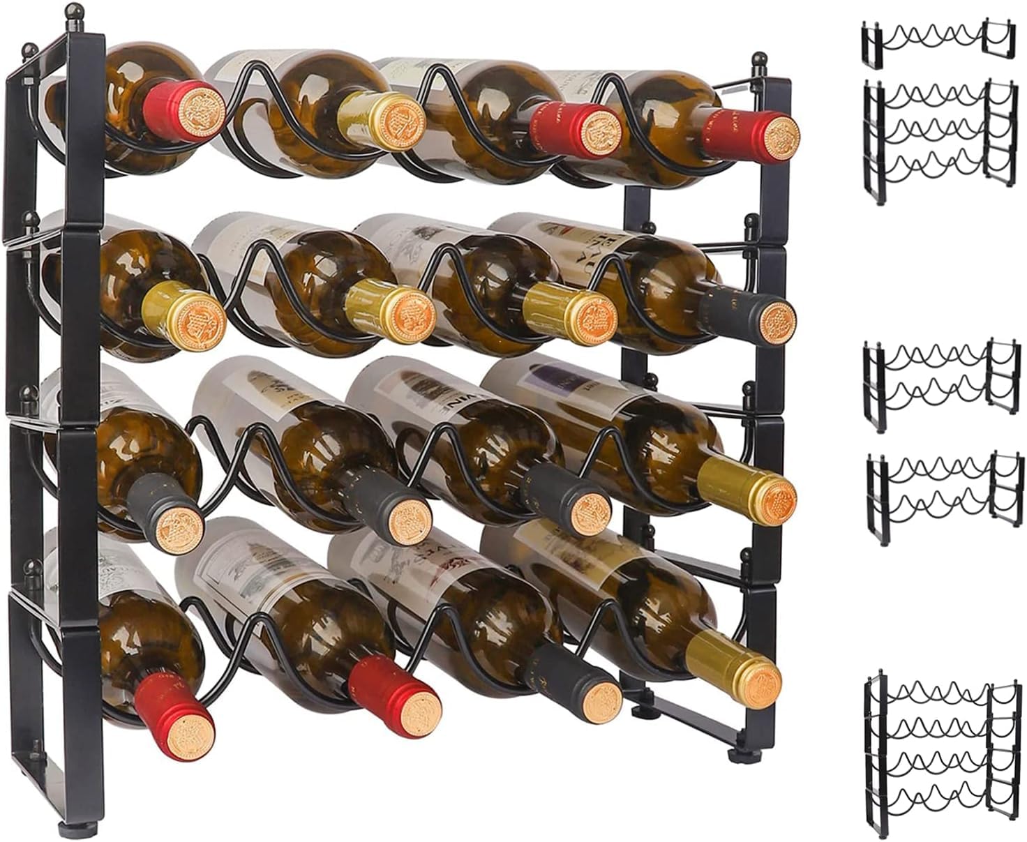 TONLEA 4 Tier 16 Bottle Wine Rack Stackable Metal Storage Black