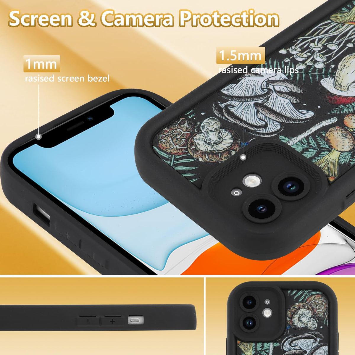 KANGHAR Black Case for iPhone 15 Pro Case, Cute Mushroom Art Design Soft TPU Shockproof Protective for Women Girls Slim Phone Cover