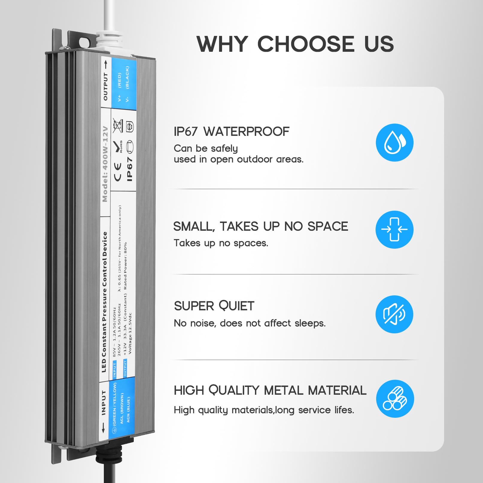 VOEWT LED Driver 100W Waterproof IP67 85-265V AC to 12V DC Power Supply Blue