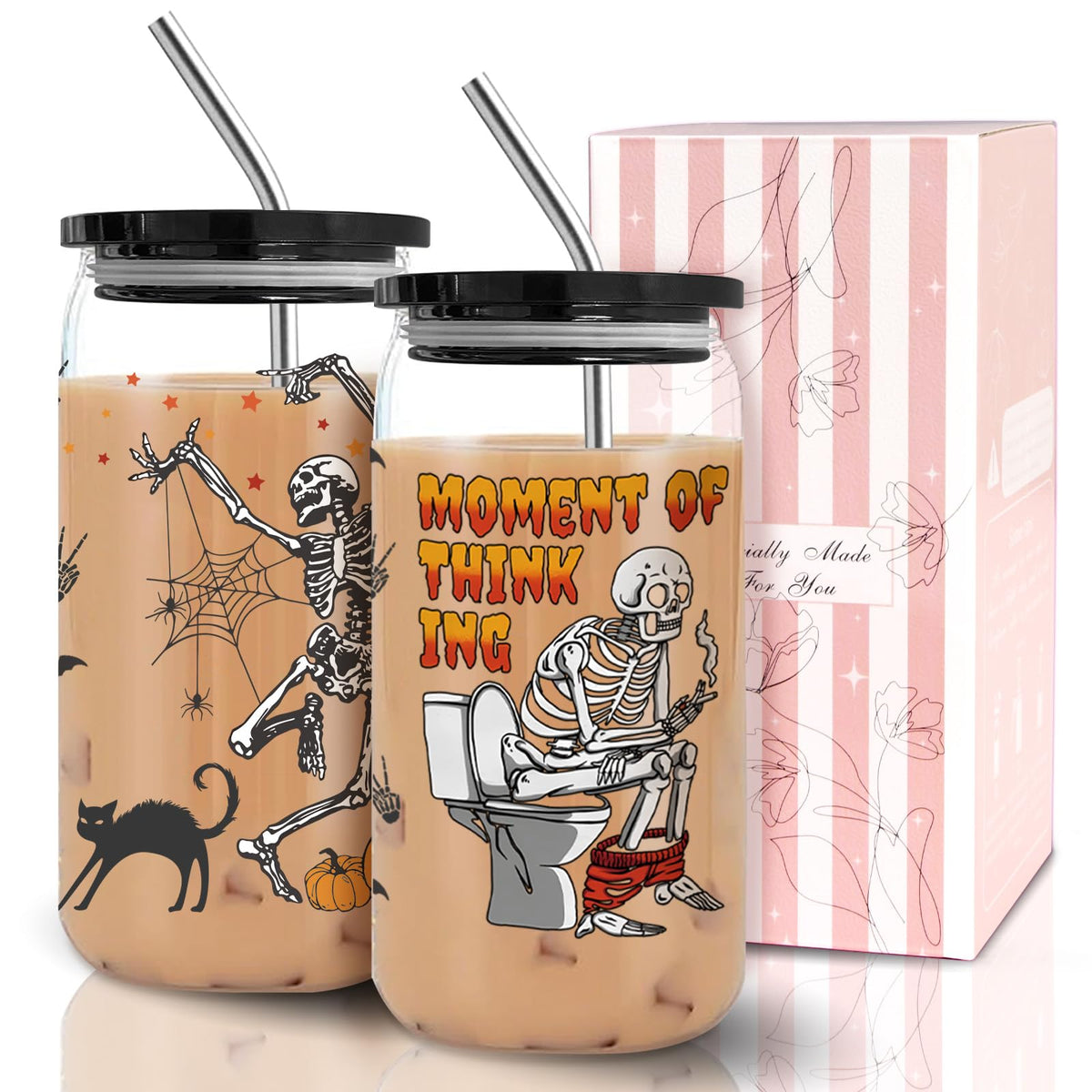 Halloween Tumbler Boo Basket Stuffers, Halloween Gifts for Women Teens Kids, Fall Cups Glass Coffee Mug with Lid & Straw 16 oz, Spooky Cute Skeleton Gag Gifts Fall Basket Stuffers Drinking Glasses
