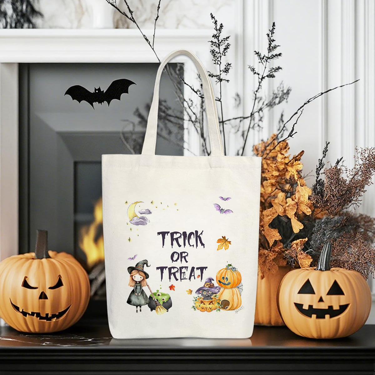 Halloween Trick or Treat Reusable Cotton Canvas Tote Bag