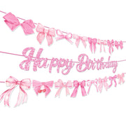 Lide Road 3Pcs Pink Bow Birthday Party Banner Pink White Bows 3 Count