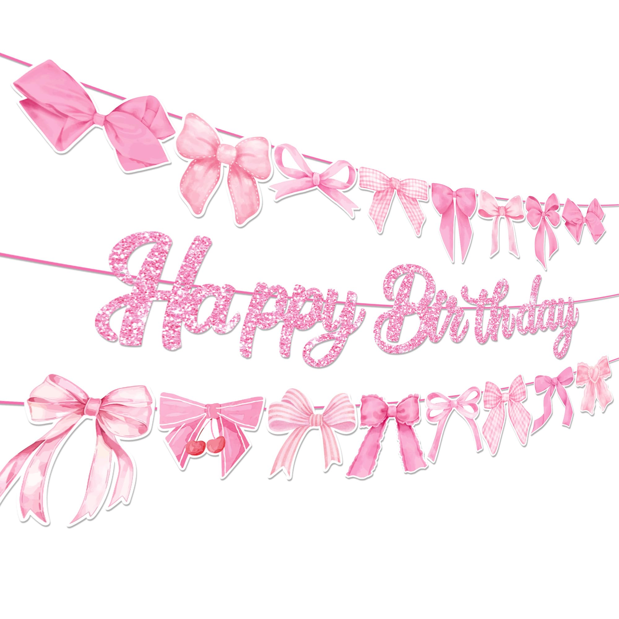 Lide Road 3Pcs Pink Bow Birthday Party Banner Pink White Bows 3 Count