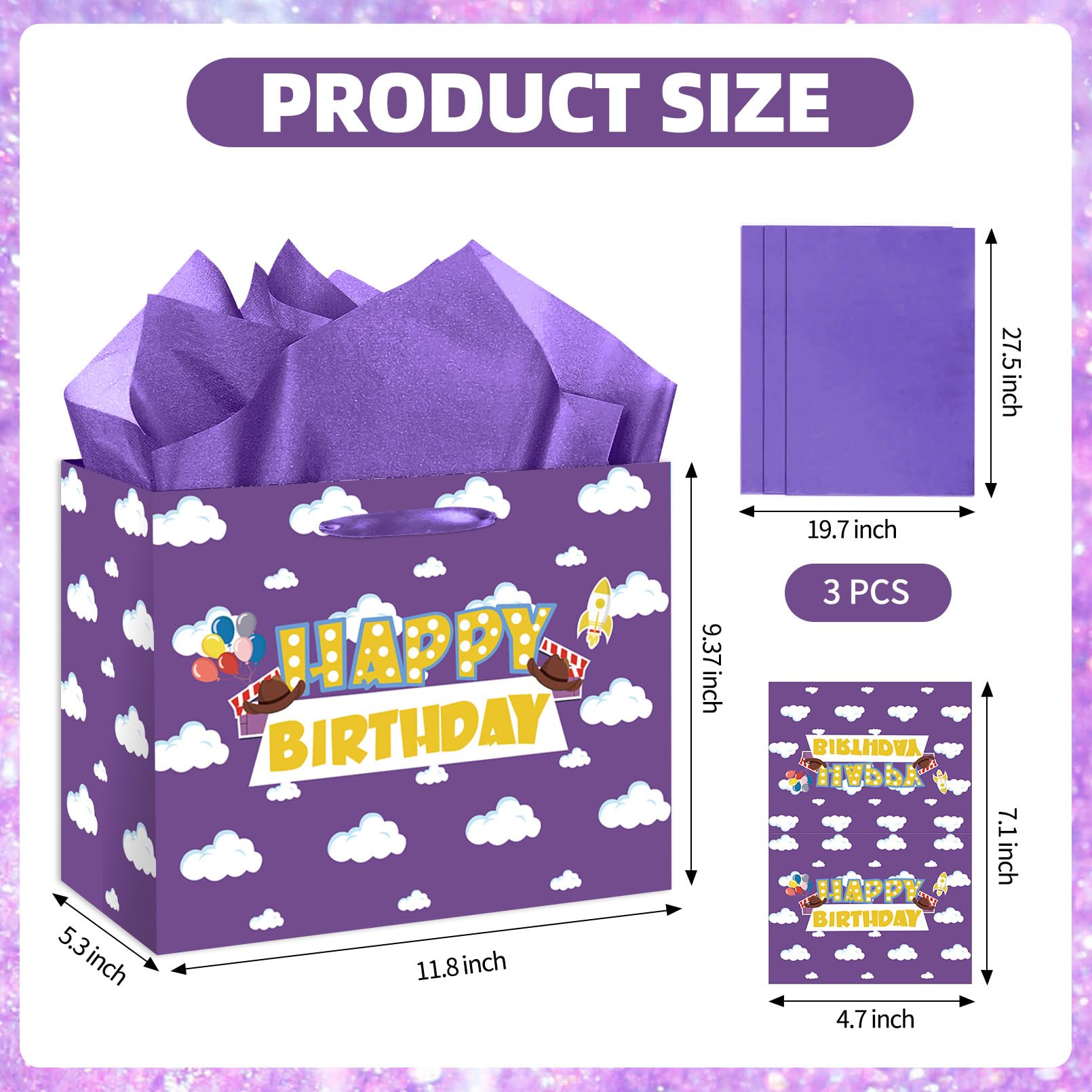 Purple Cloud Birthday Gift Bag with Card & Tissue Party Baby Shower Decorations