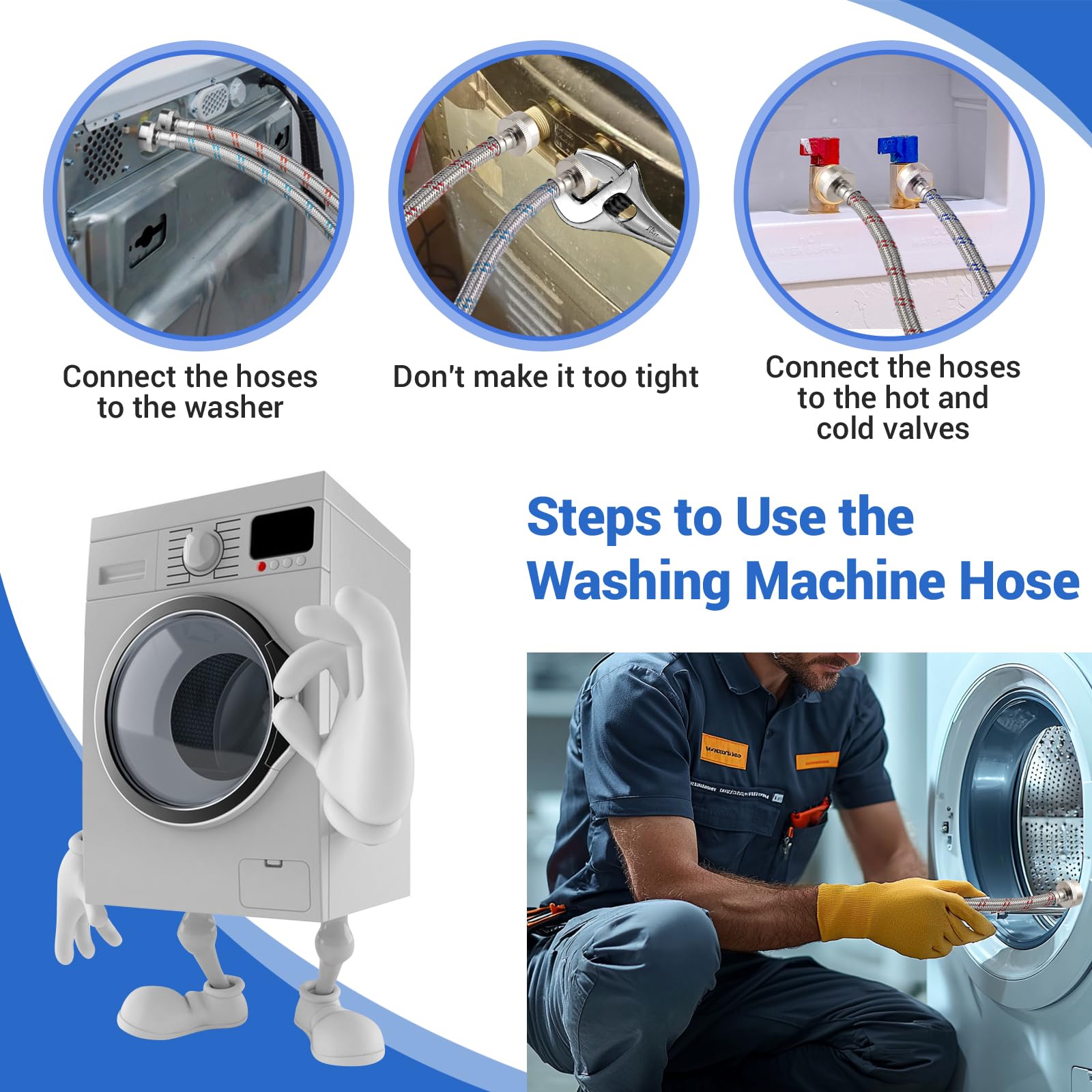 Yejesiy 4ft Stainless Steel Washing Machine Hoses 2 Pack Hot Cold Red Blue