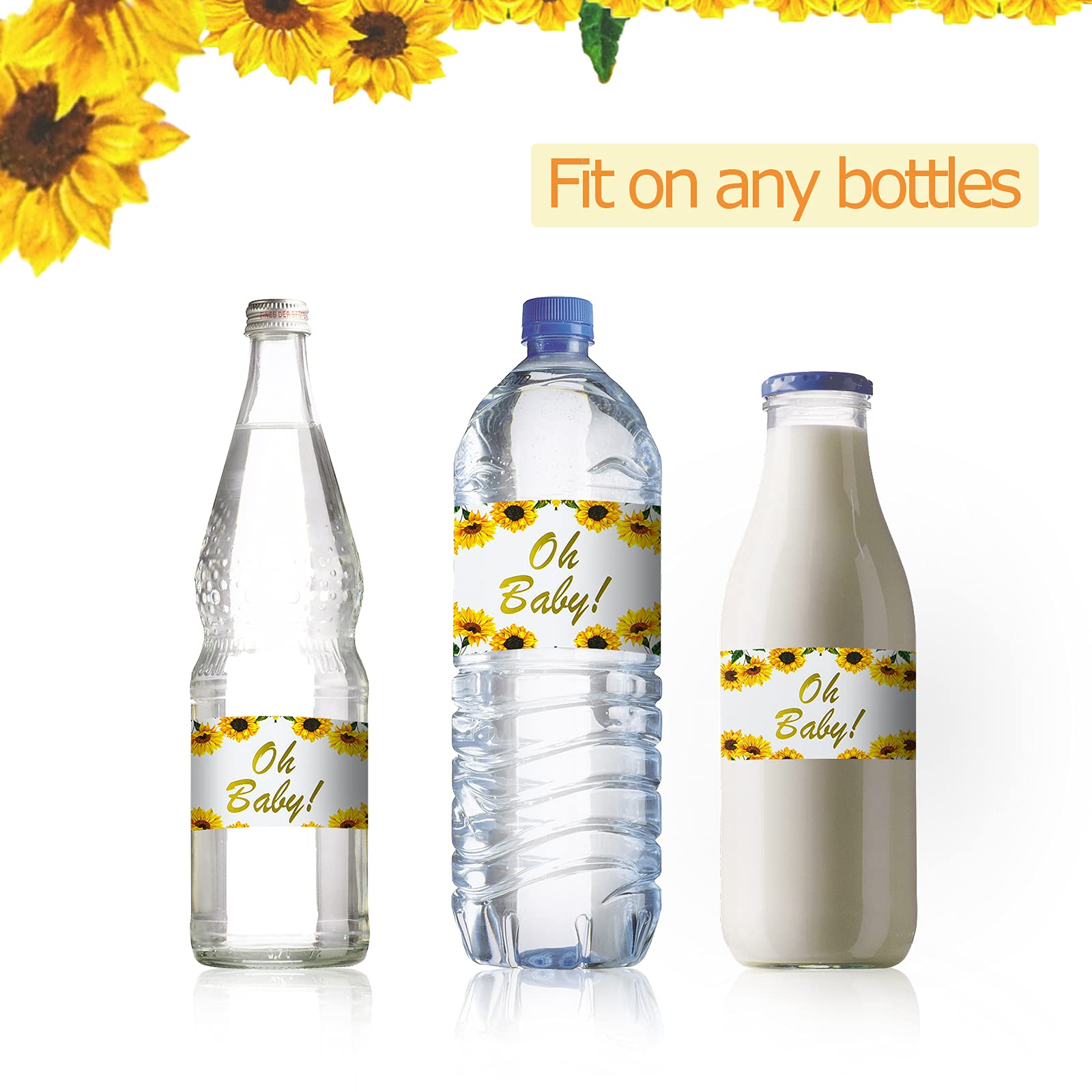 Outus 40pcs Sunflower Baby Shower Water Bottle Labels Floral Waterproof