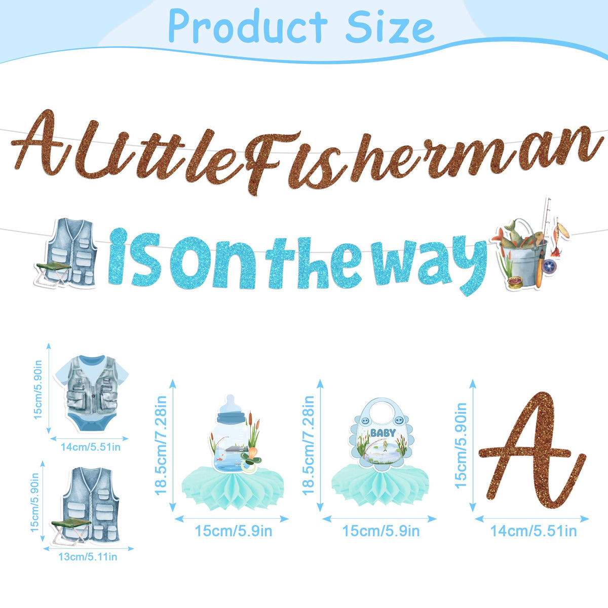 Fishing Baby Shower Decor Set: 2 Banners, 6 Swirls, 4 Honeycomb Decor