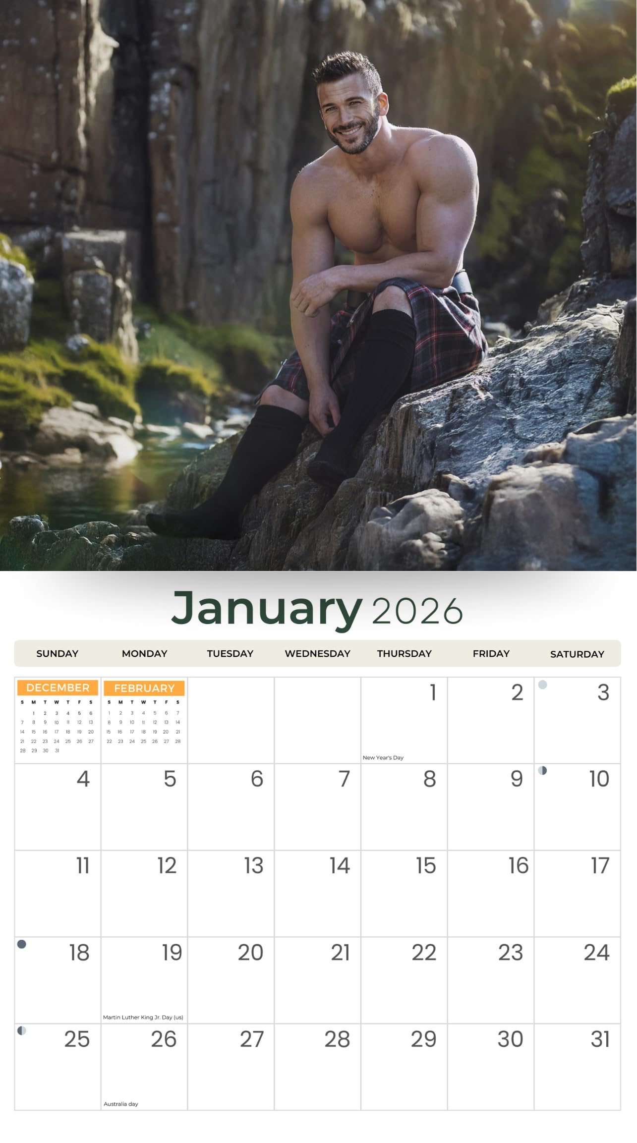 Just Calendars Men in Kilts 2026 Deluxe Wall Calendar 12x13.3 Large