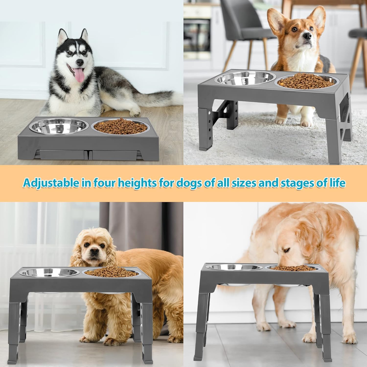 Niubya Elevated Dog Bowls Adjustable Raised Feeder w 2 Stainless Bowls