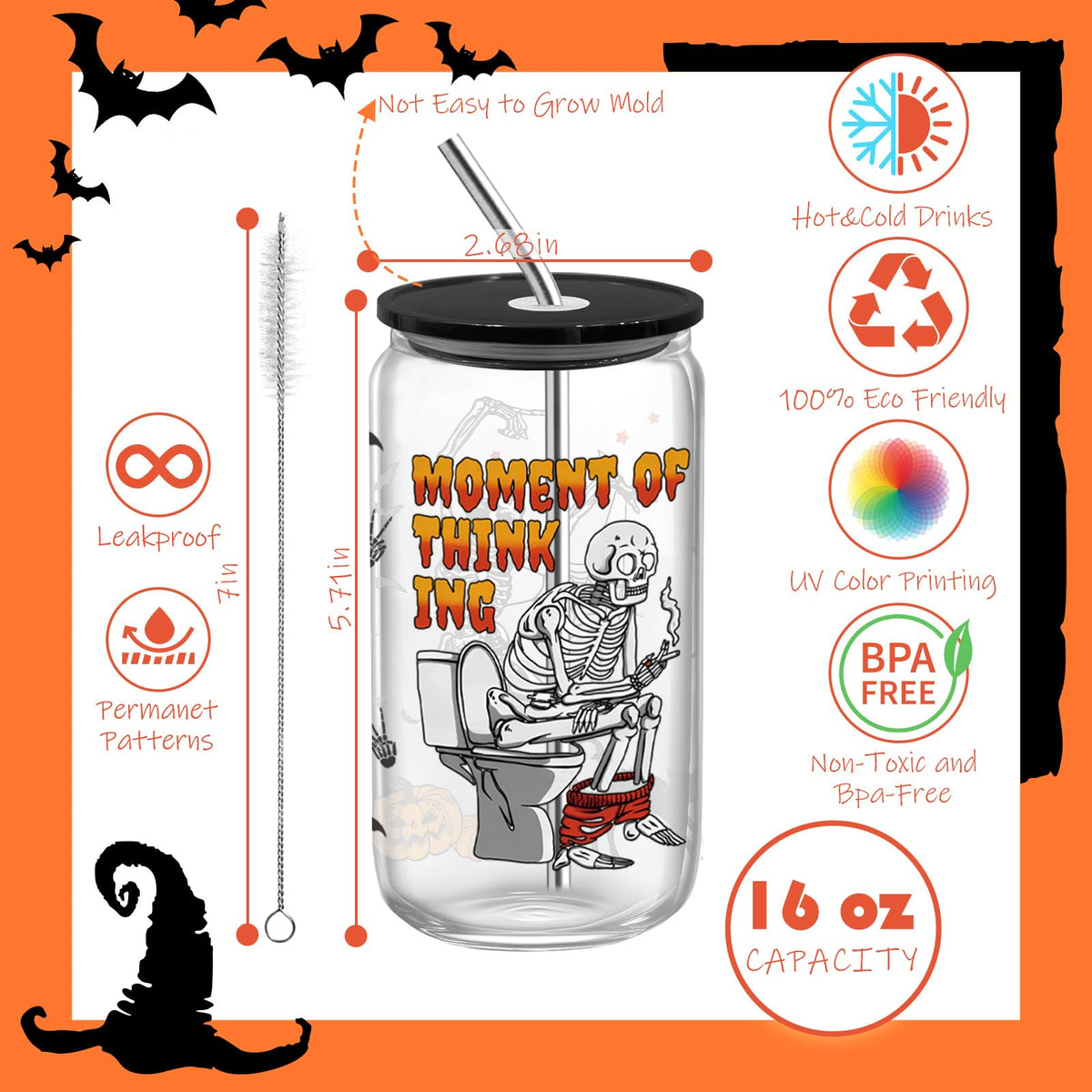 Halloween Tumbler Boo Basket Stuffers, Halloween Gifts for Women Teens Kids, Fall Cups Glass Coffee Mug with Lid & Straw 16 oz, Spooky Cute Skeleton Gag Gifts Fall Basket Stuffers Drinking Glasses