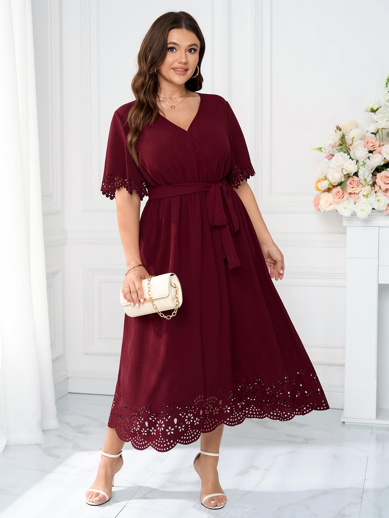 HICISI Womens Plus Size Wrap V Neck A-Line Maxi Dress with Belt Red XX-Large