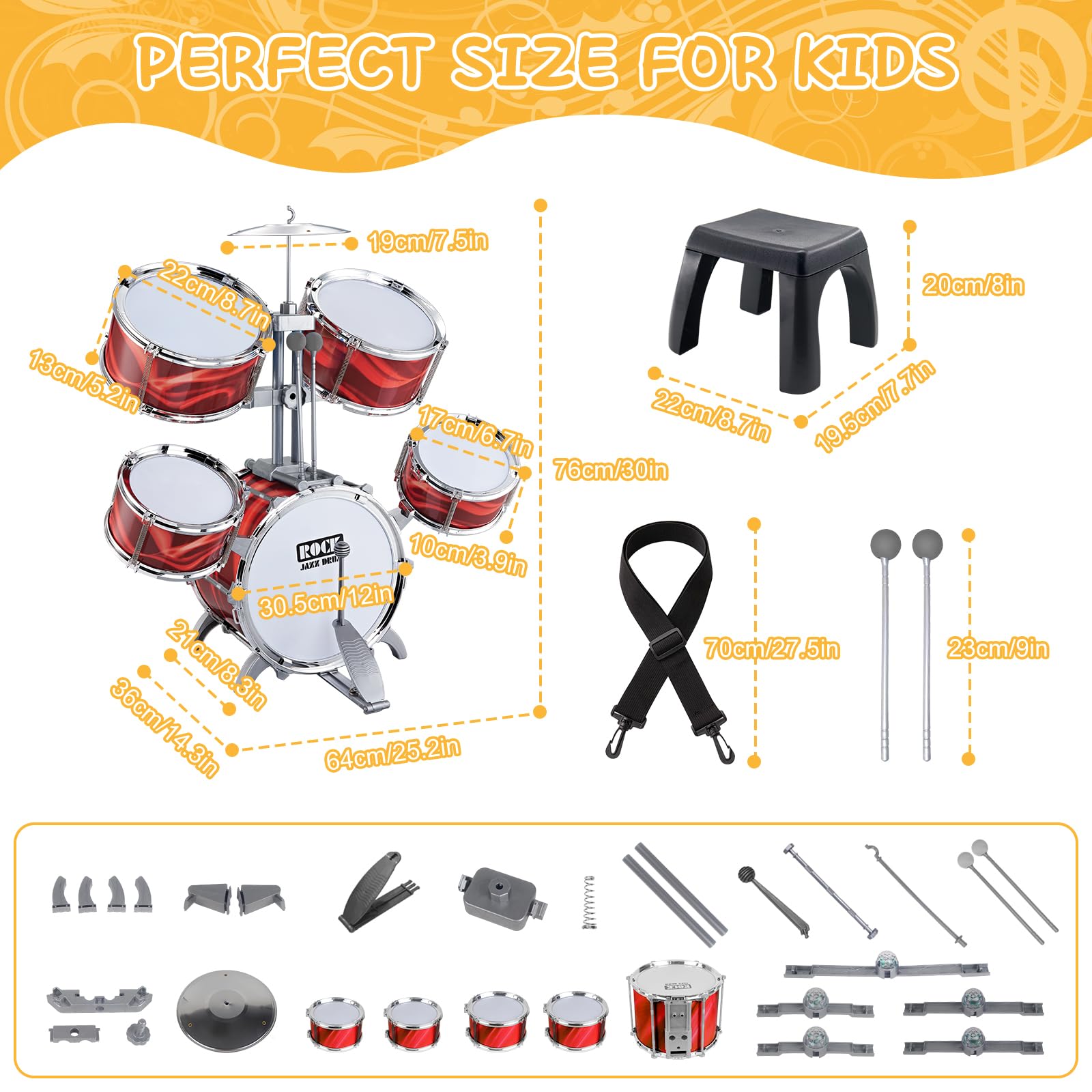 deAO Kids Drum Set 5-Drum Jazz Toy with Lights Vibrating Musical 3-5Y Red
