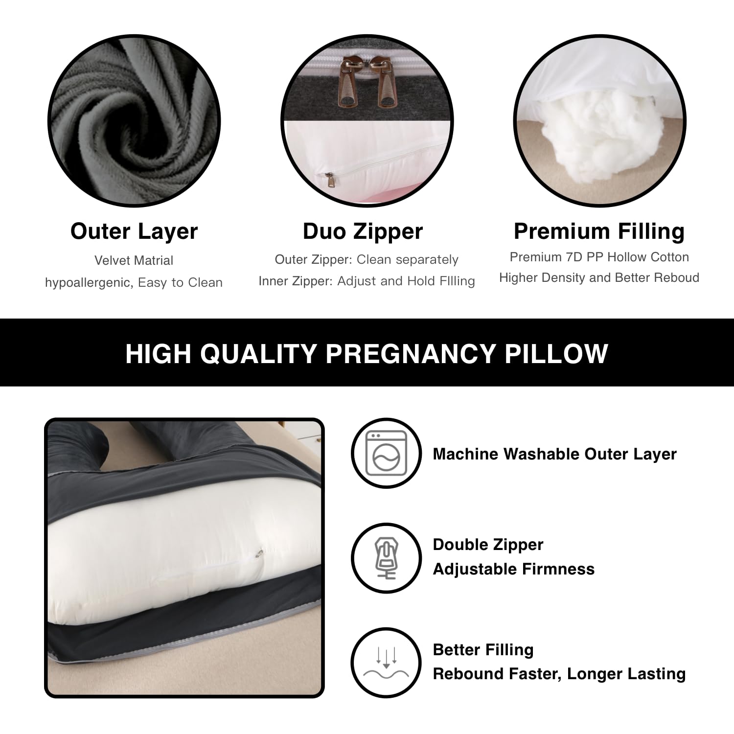 ALLOPERA Pregnancy Pillow Full Body 57in Maternity Sleep Support Black Grey XL