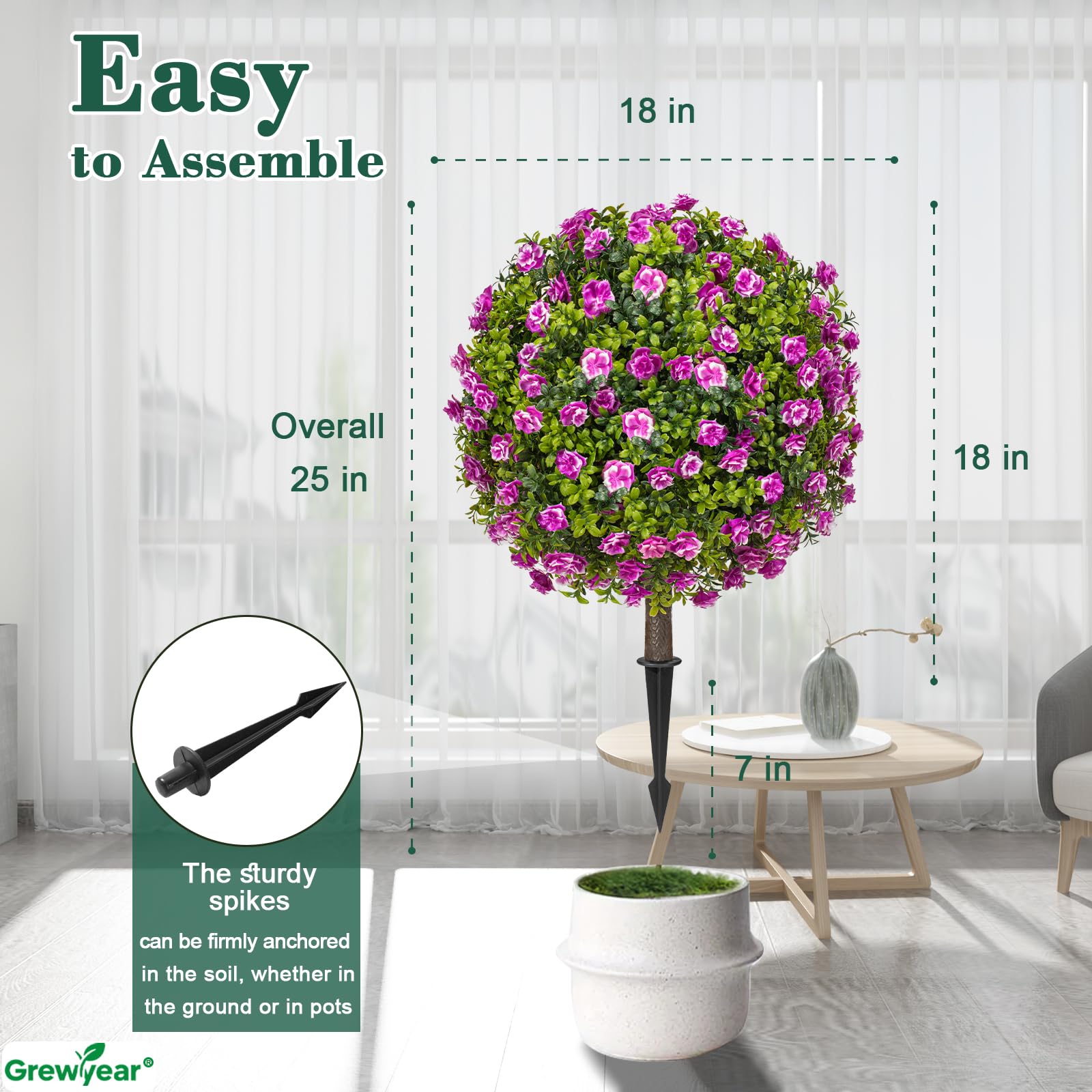 Grewyear Artificial Purple Rose Topiary Ball Trees Set of 2 UV Resistant
