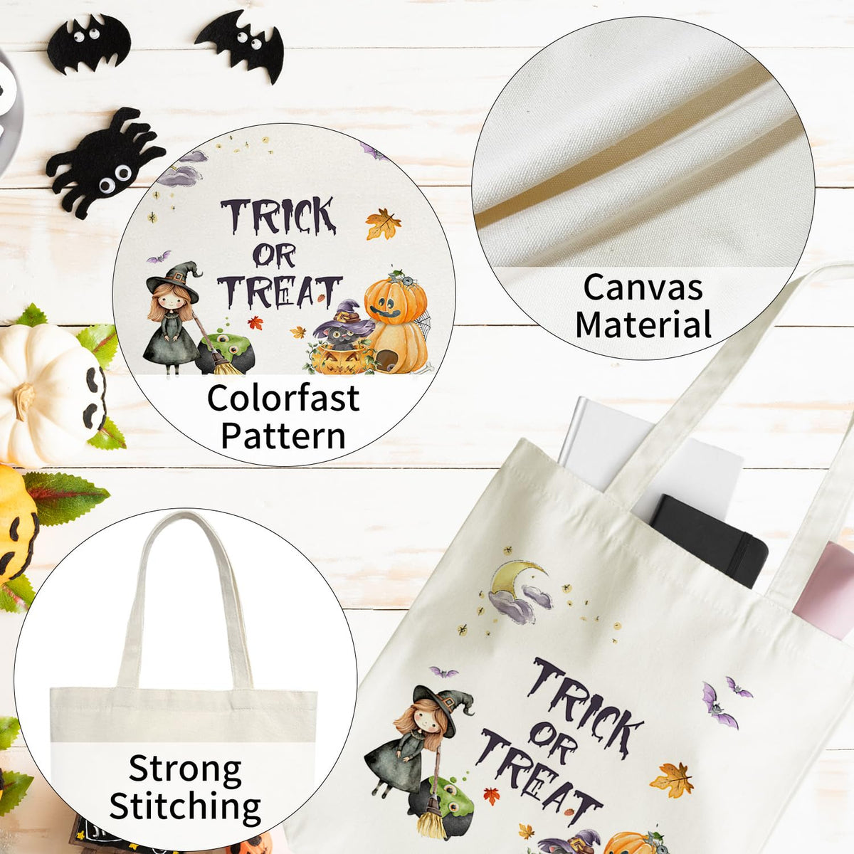 Halloween Trick or Treat Reusable Cotton Canvas Tote Bag