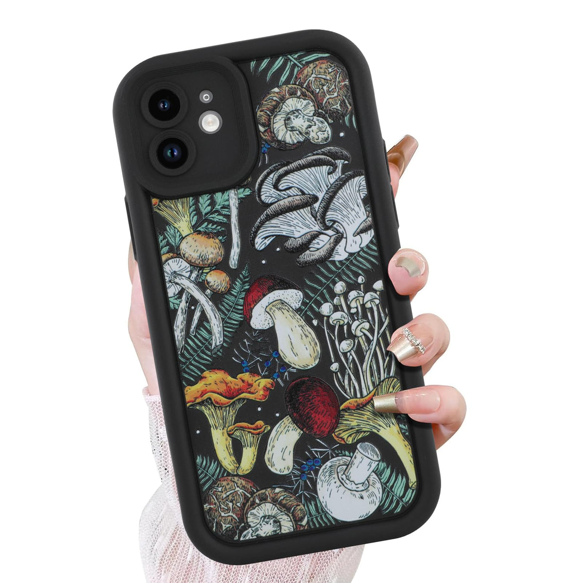 KANGHAR Black Case for iPhone 15 Pro Case, Cute Mushroom Art Design Soft TPU Shockproof Protective for Women Girls Slim Phone Cover