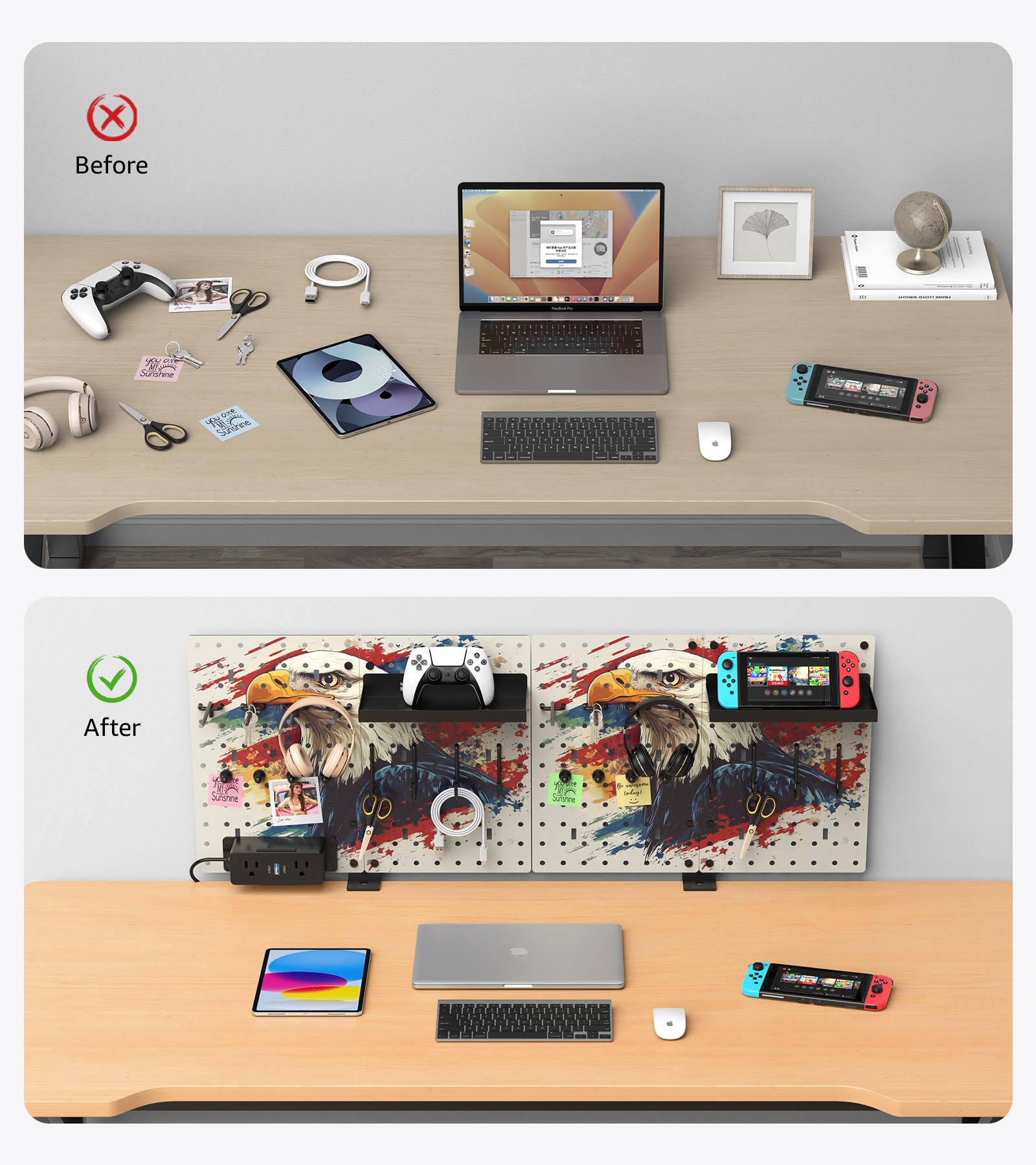 CCCEI Modular Pegboard Desk Organizer with USB Outlets Metal Panels 6FT