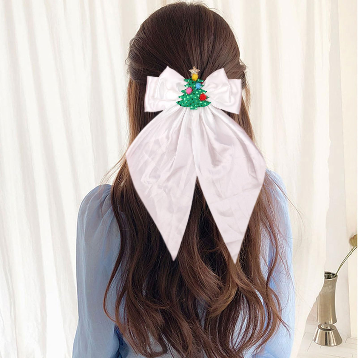 HIFANMM 2pcs Christmas Bow Hair Clips Xmas Tree Santa Claus Hair Accessories for Women Girls, Red White Big Bows Long Tail Hairpins Winter New Year Christmas Party Costume Supplies Decoration